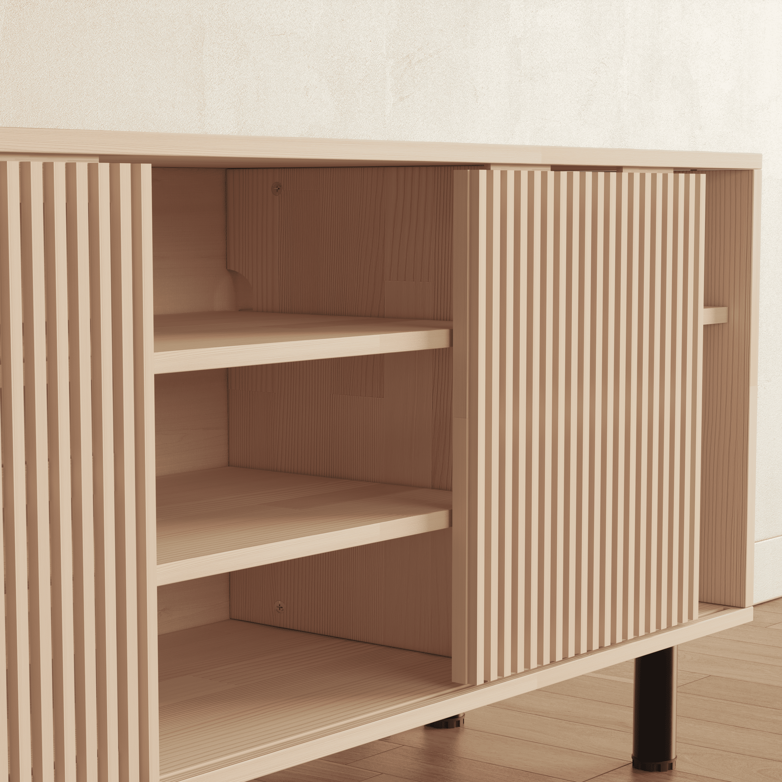 Modern Wooden Sideboard with Fluted Doors - Mid-Century Storage Cabinet