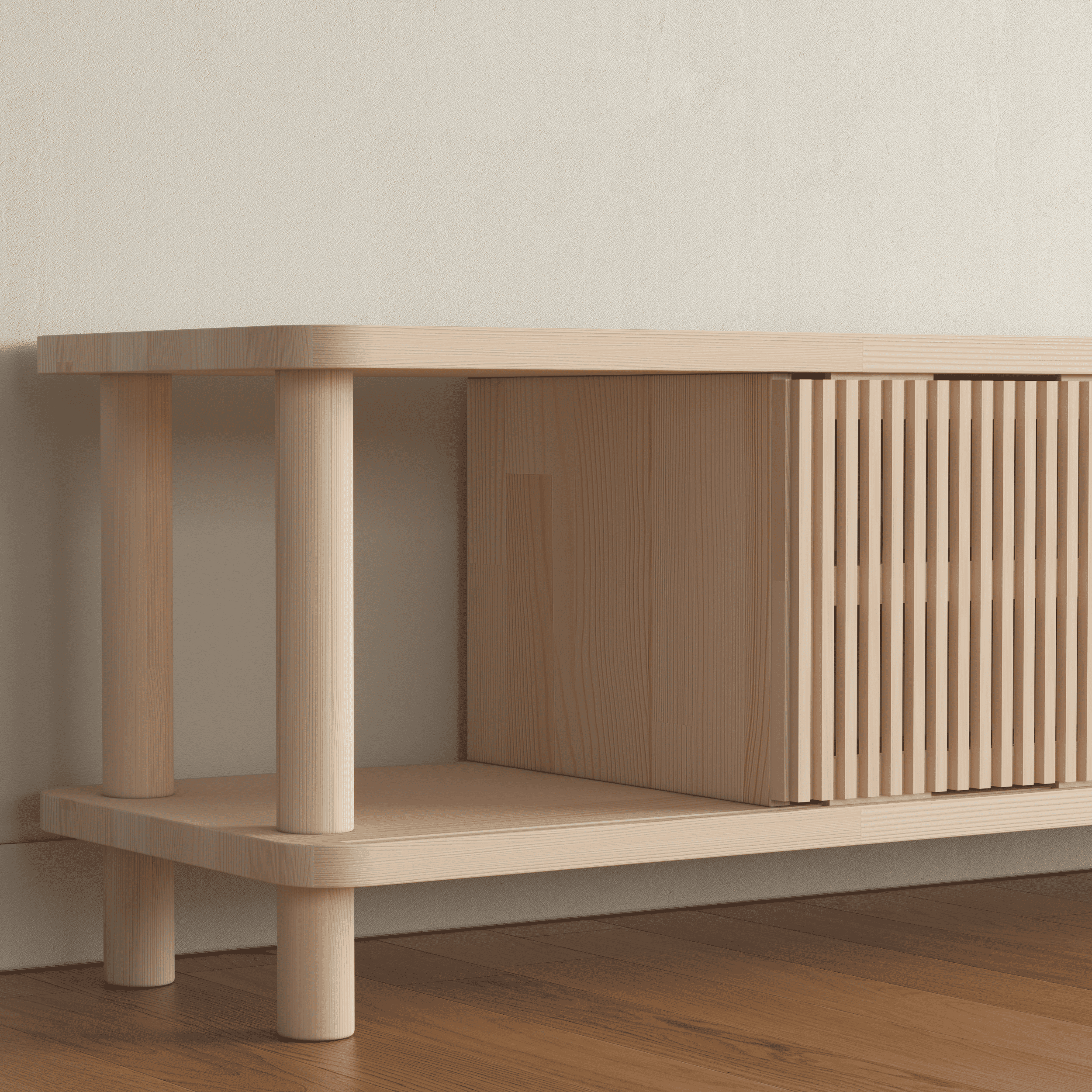 Modern TV Console with Fluted Sliding Door - Multi-Level Entertainment Center