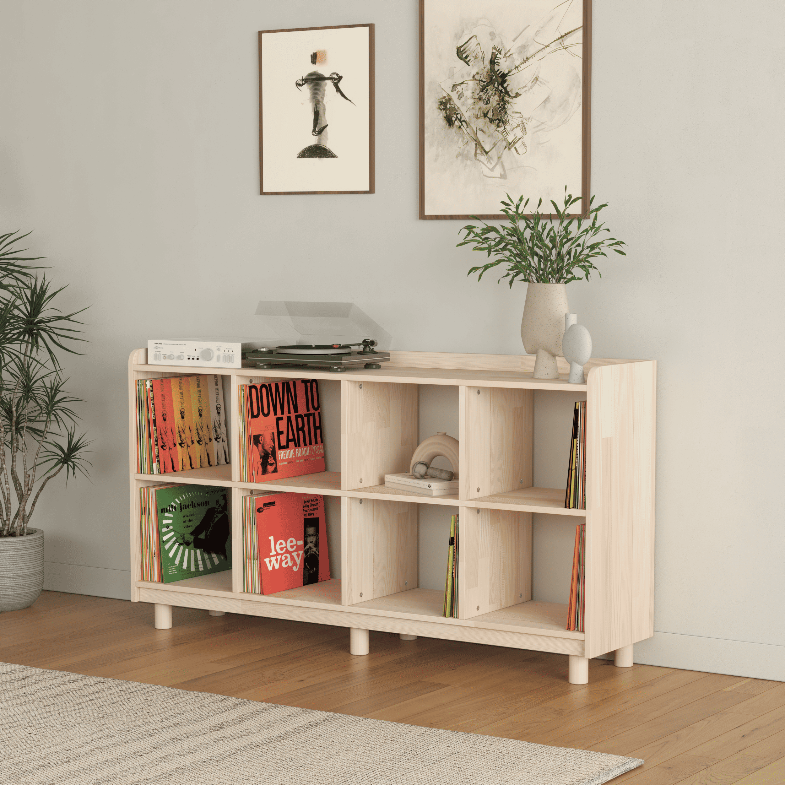 Large Vinyl Record Storage Unit - 8 Compartment Wooden LP Organizer Shelf