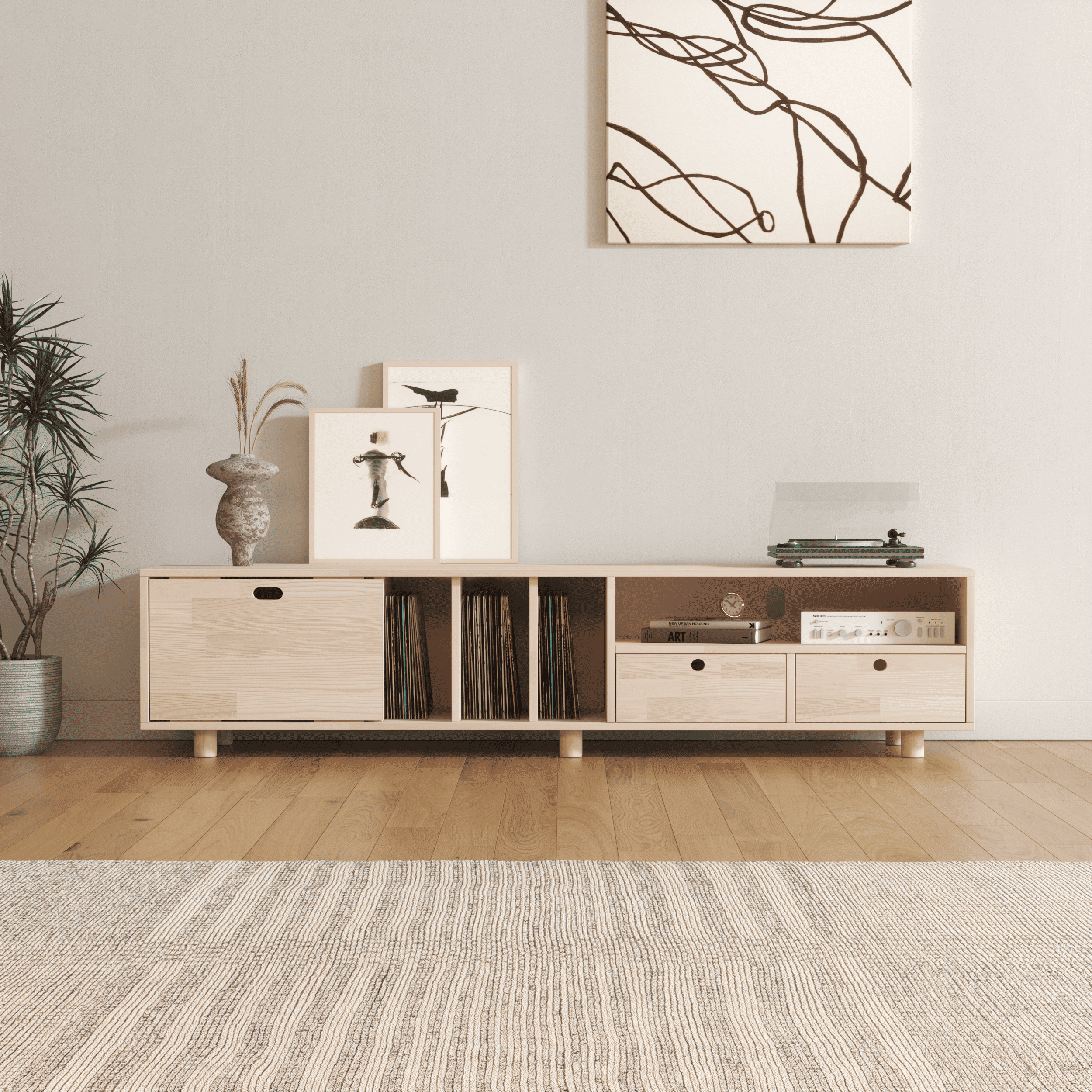 Premium Multifunctional Entertainment Console - TV Stand & Vinyl Storage with Fluted Doors