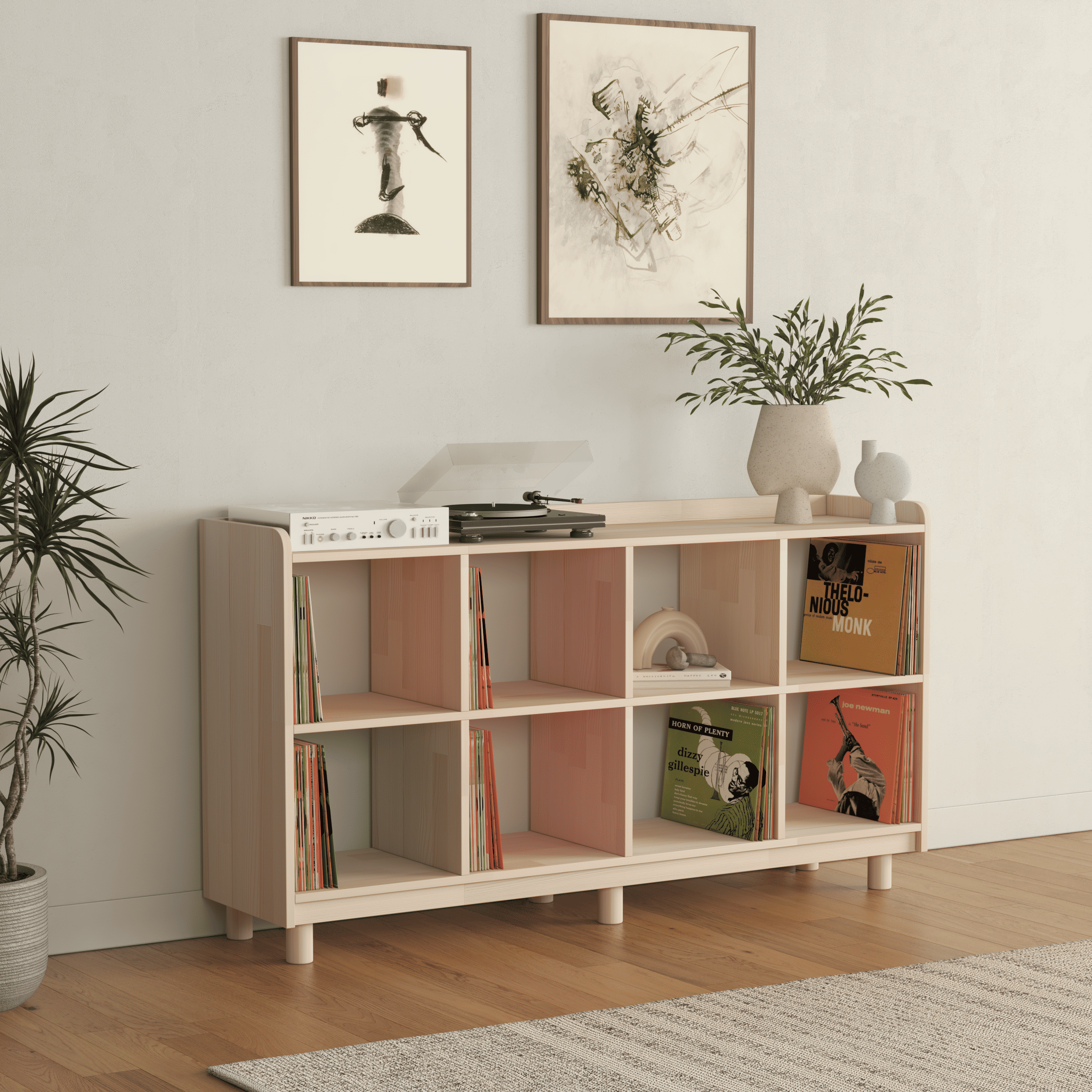 Large Vinyl Record Storage Unit - 8 Compartment Wooden LP Organizer Shelf