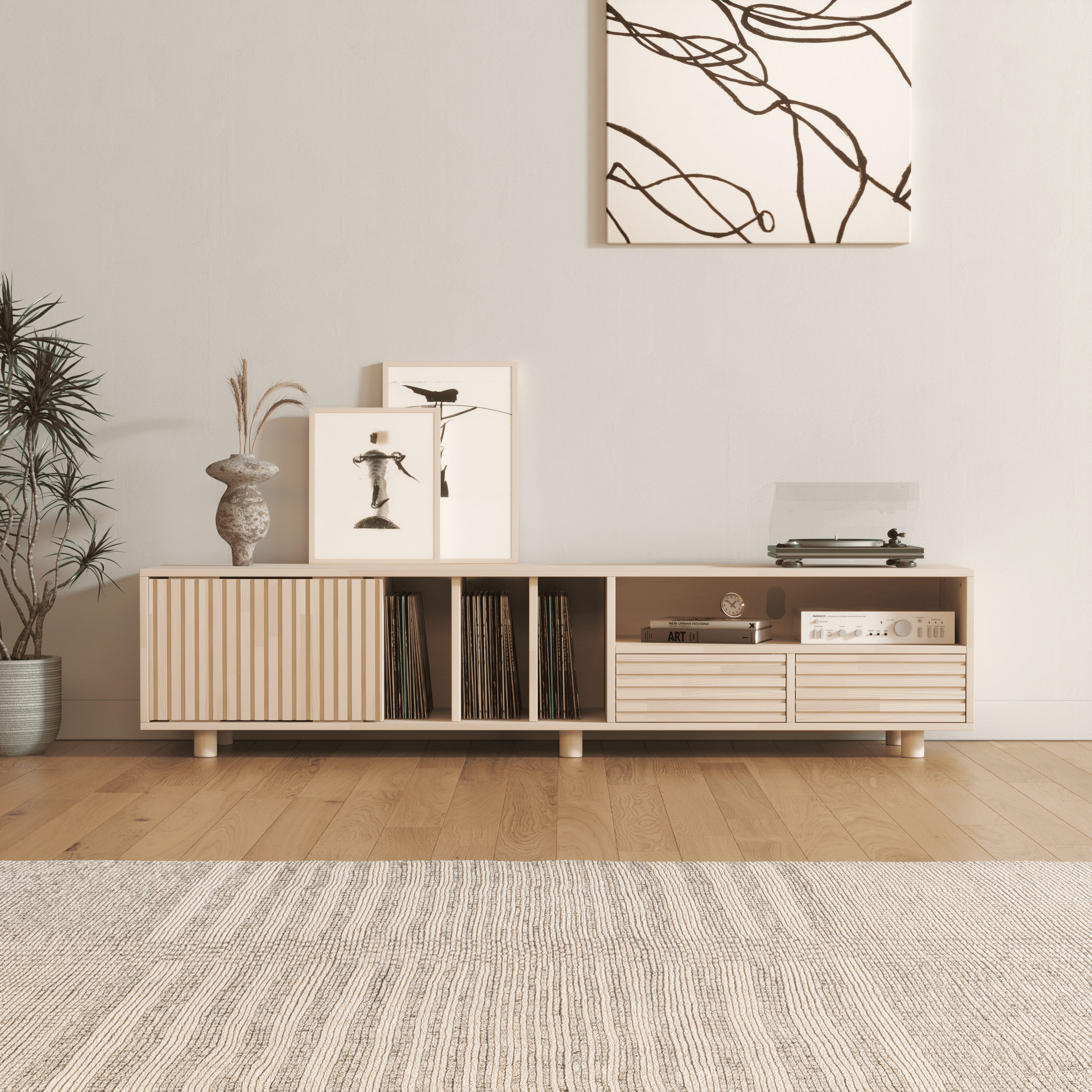 Premium Multifunctional Entertainment Console - TV Stand & Vinyl Storage with Fluted Doors