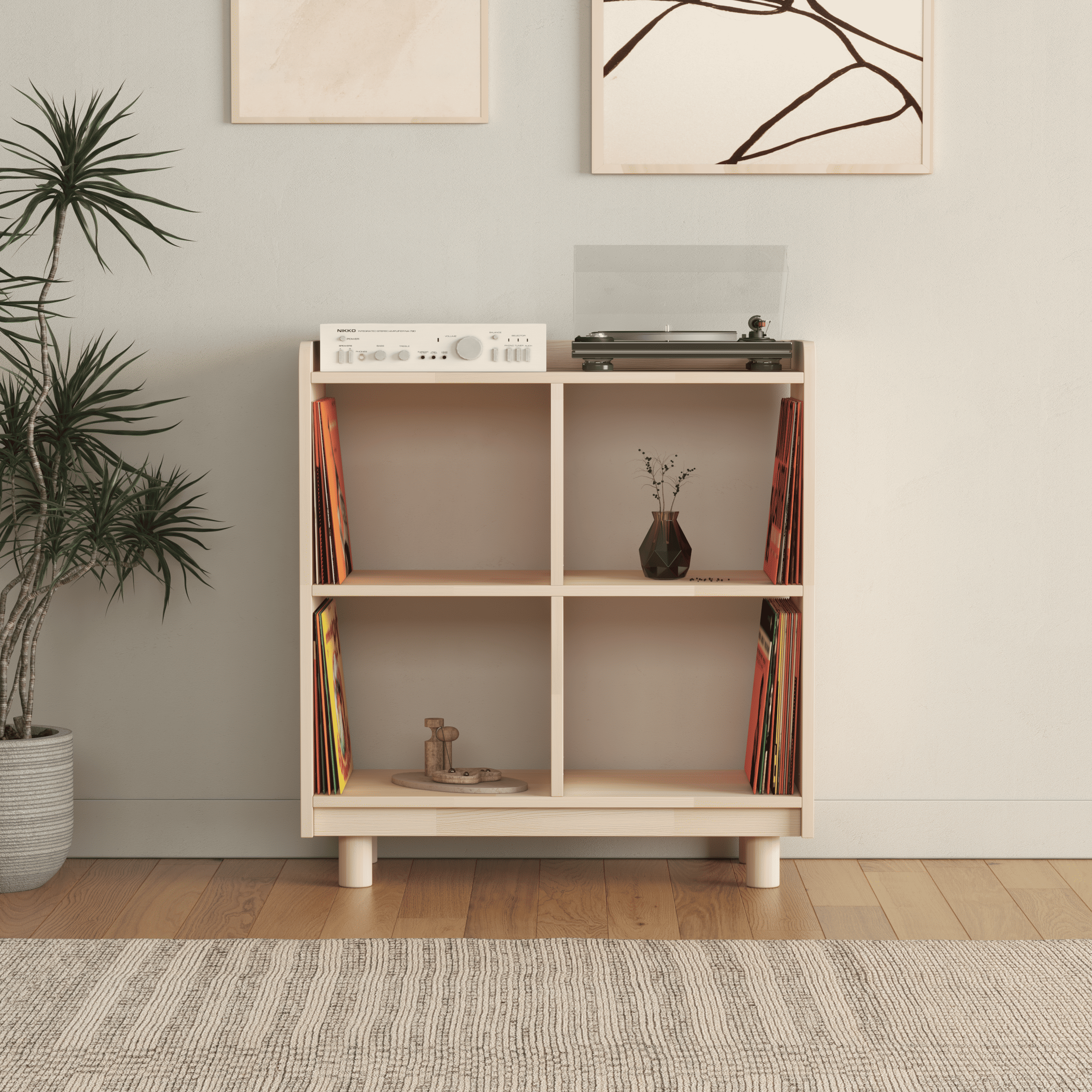 Compact Vinyl Record Storage Unit - 4 Compartment Wooden LP Organizer Cabinet