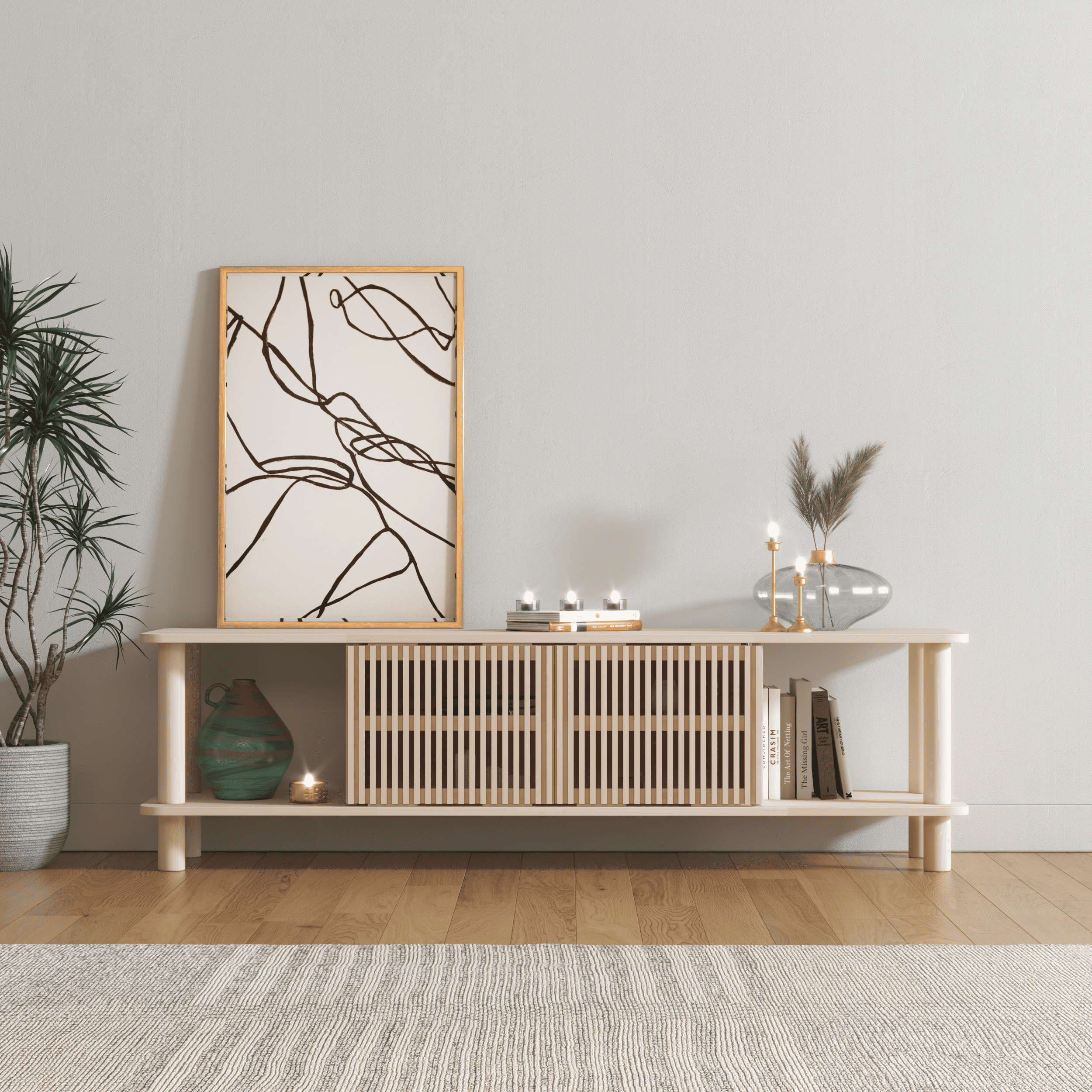 Modern TV Console with Fluted Sliding Door - Multi-Level Entertainment Center