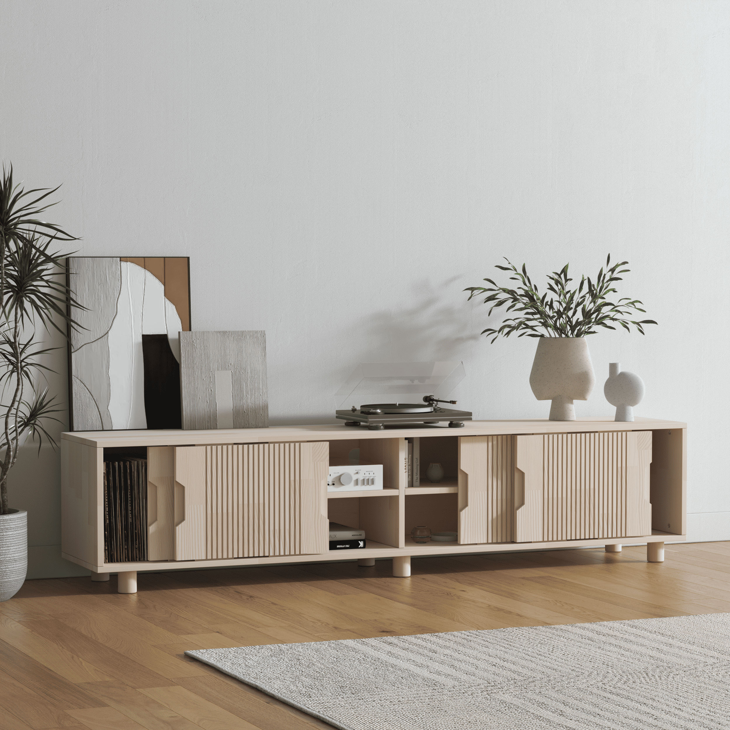Premium Wooden Sideboard with Sliding Fluted Doors - Scandinavian Style Media Console
