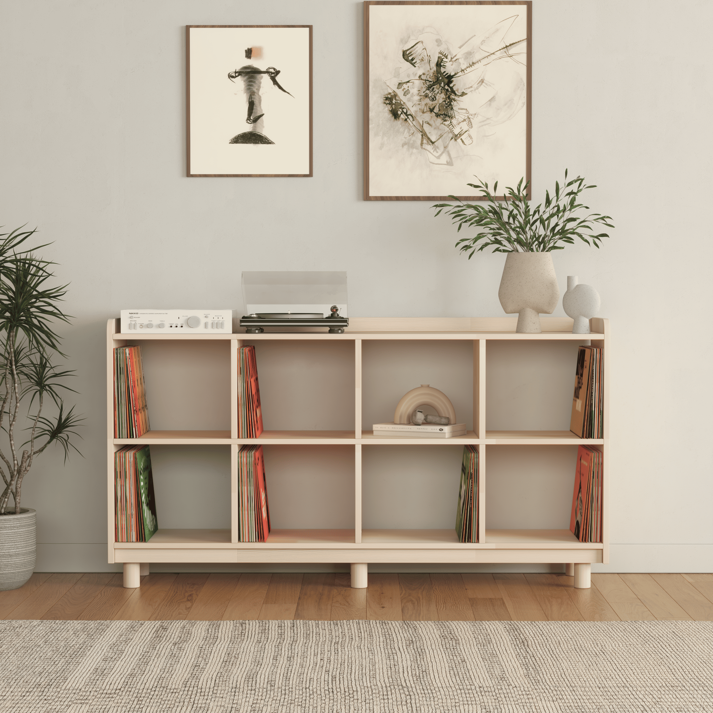 Large Vinyl Record Storage Unit - 8 Compartment Wooden LP Organizer Shelf