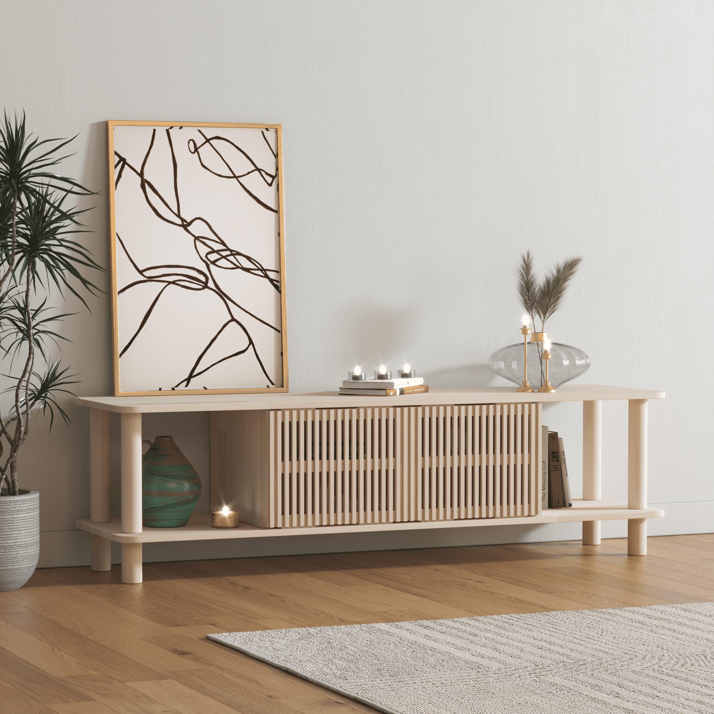 Modern TV Console with Fluted Sliding Door - Multi-Level Entertainment Center