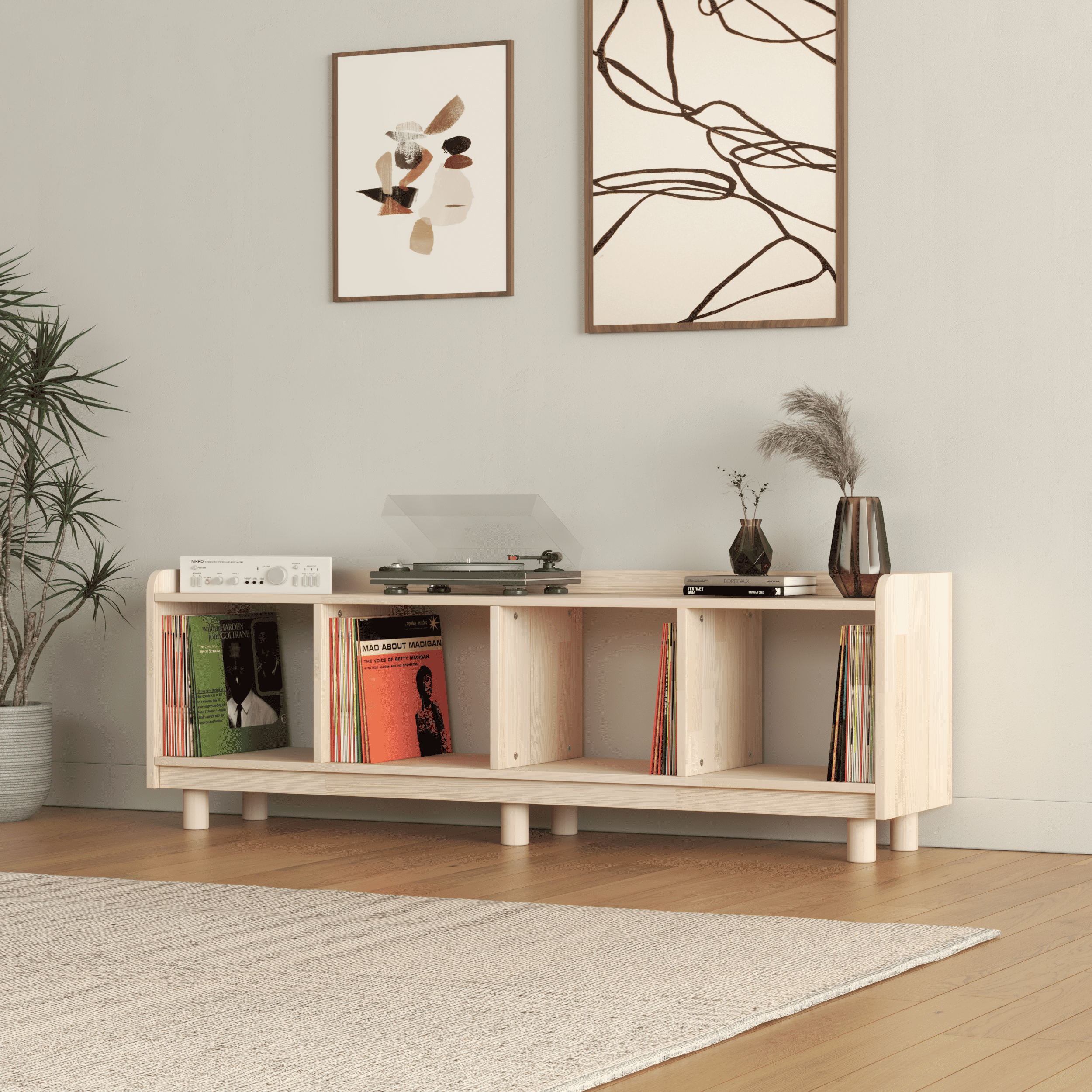 Horizontal Vinyl Record Storage Bench - 4 Compartment LP Console with Turntable Platform