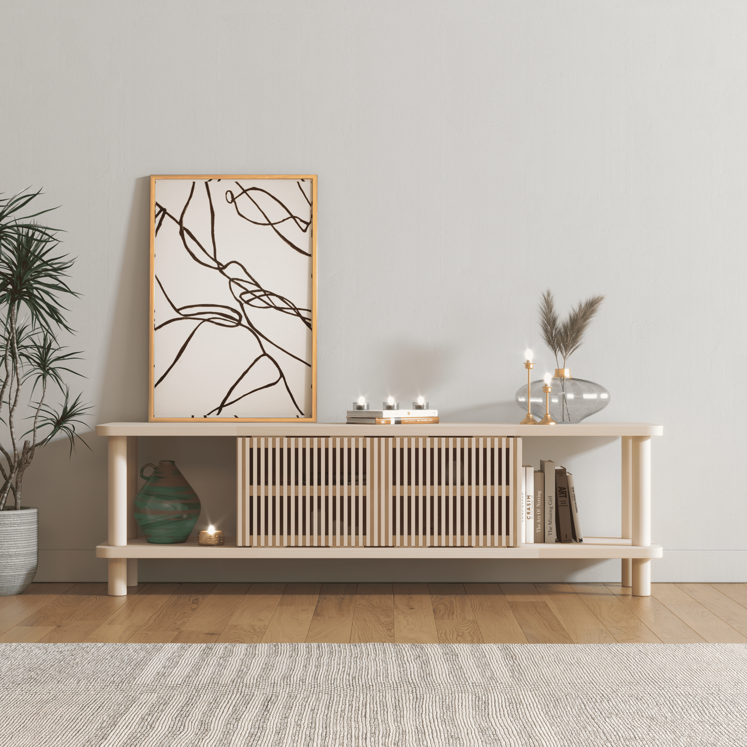 Modern TV Console with Fluted Sliding Door - Multi-Level Entertainment Center