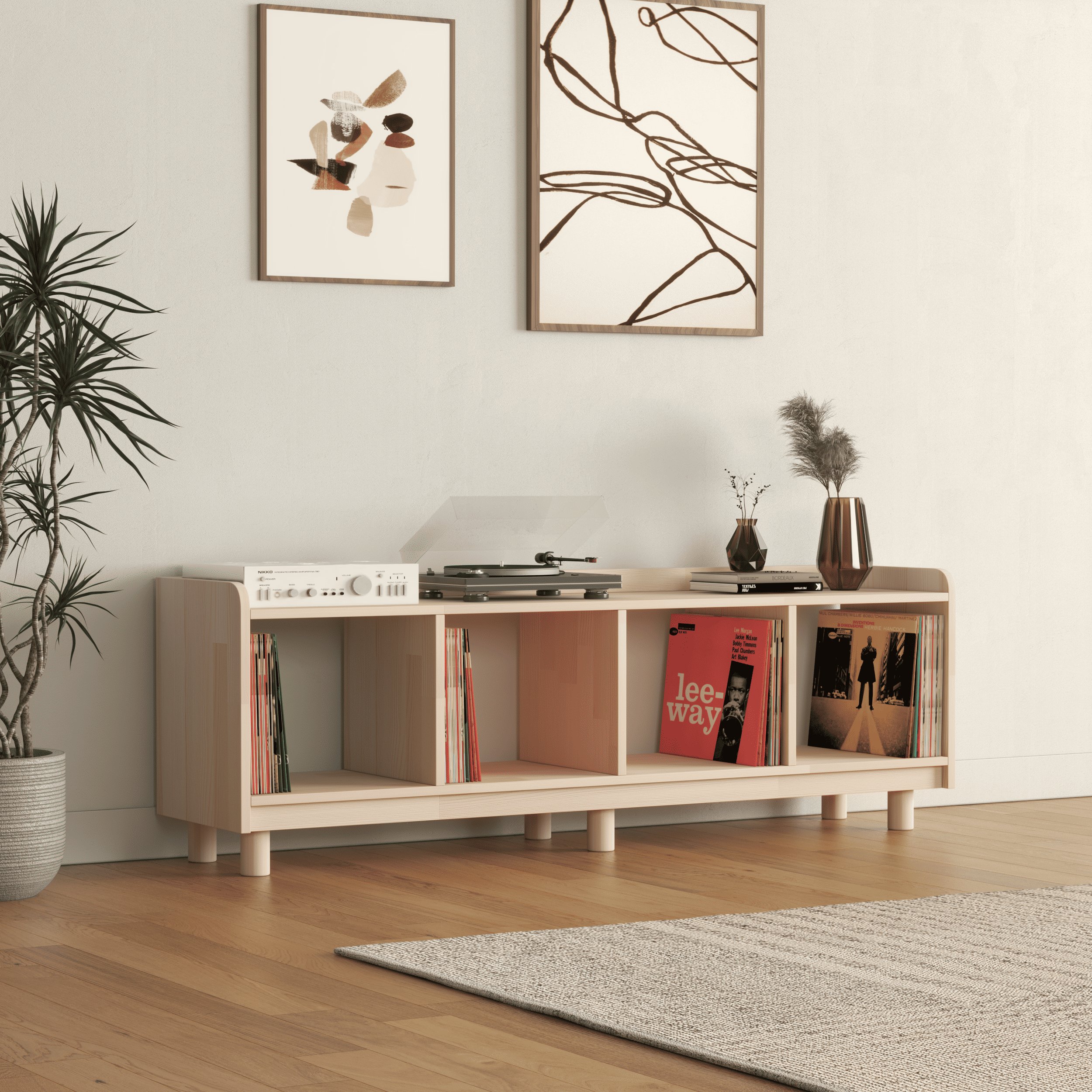 Horizontal Vinyl Record Storage Bench - 4 Compartment LP Console with Turntable Platform