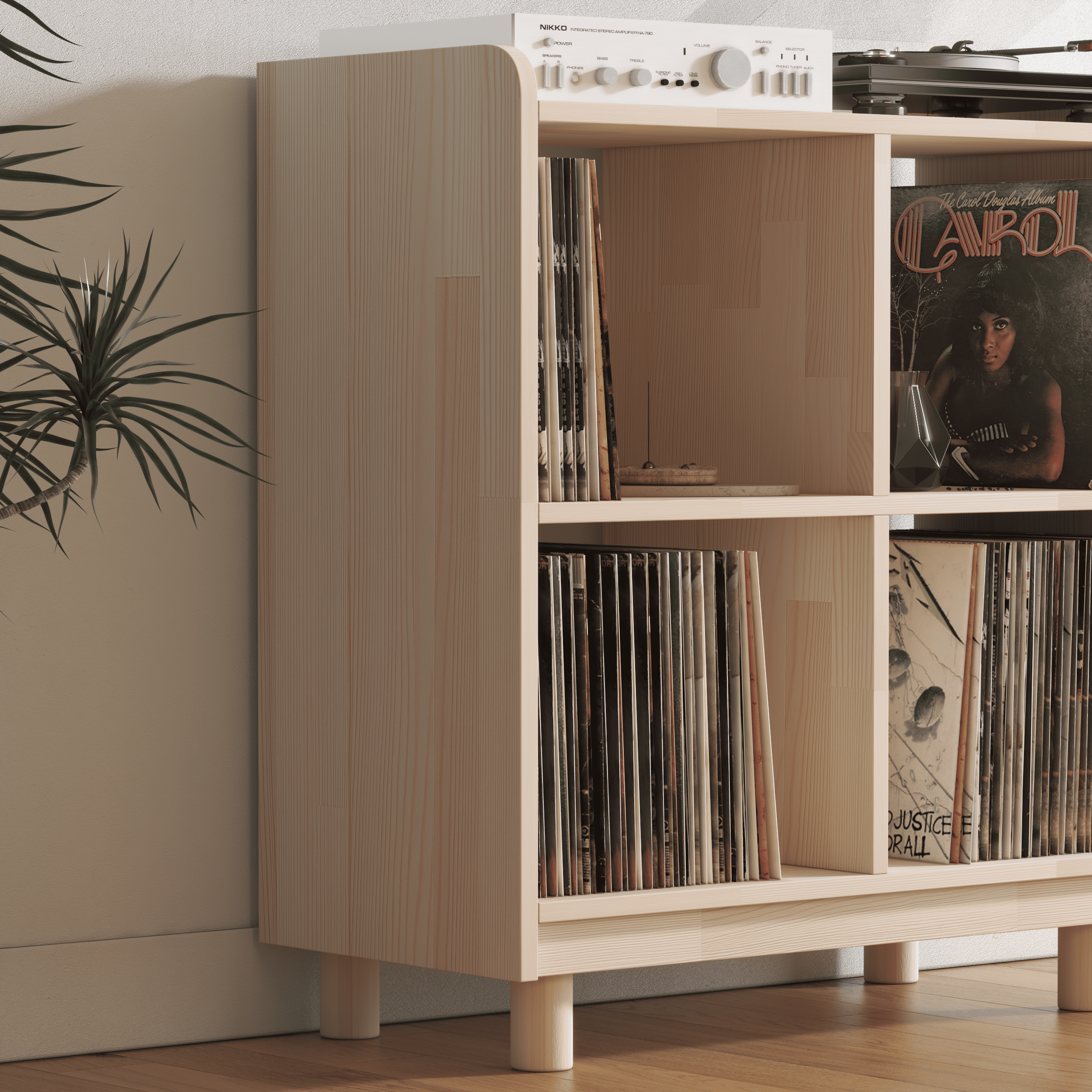 Compact Vinyl Record Storage Unit - 4 Compartment Wooden LP Organizer Cabinet