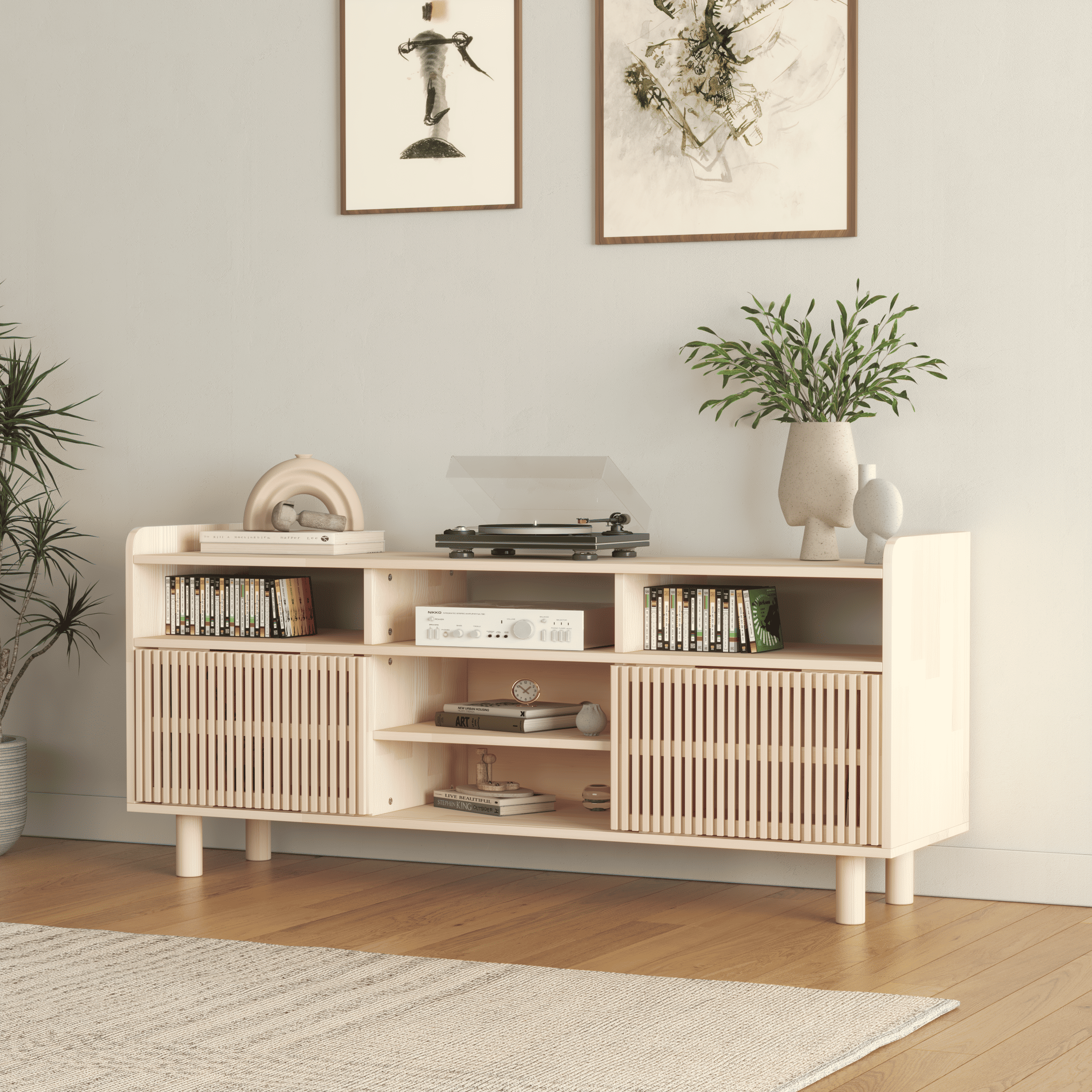 Large Wooden Entertainment Center with Fluted Doors - Premium Media Storage Cabinet
