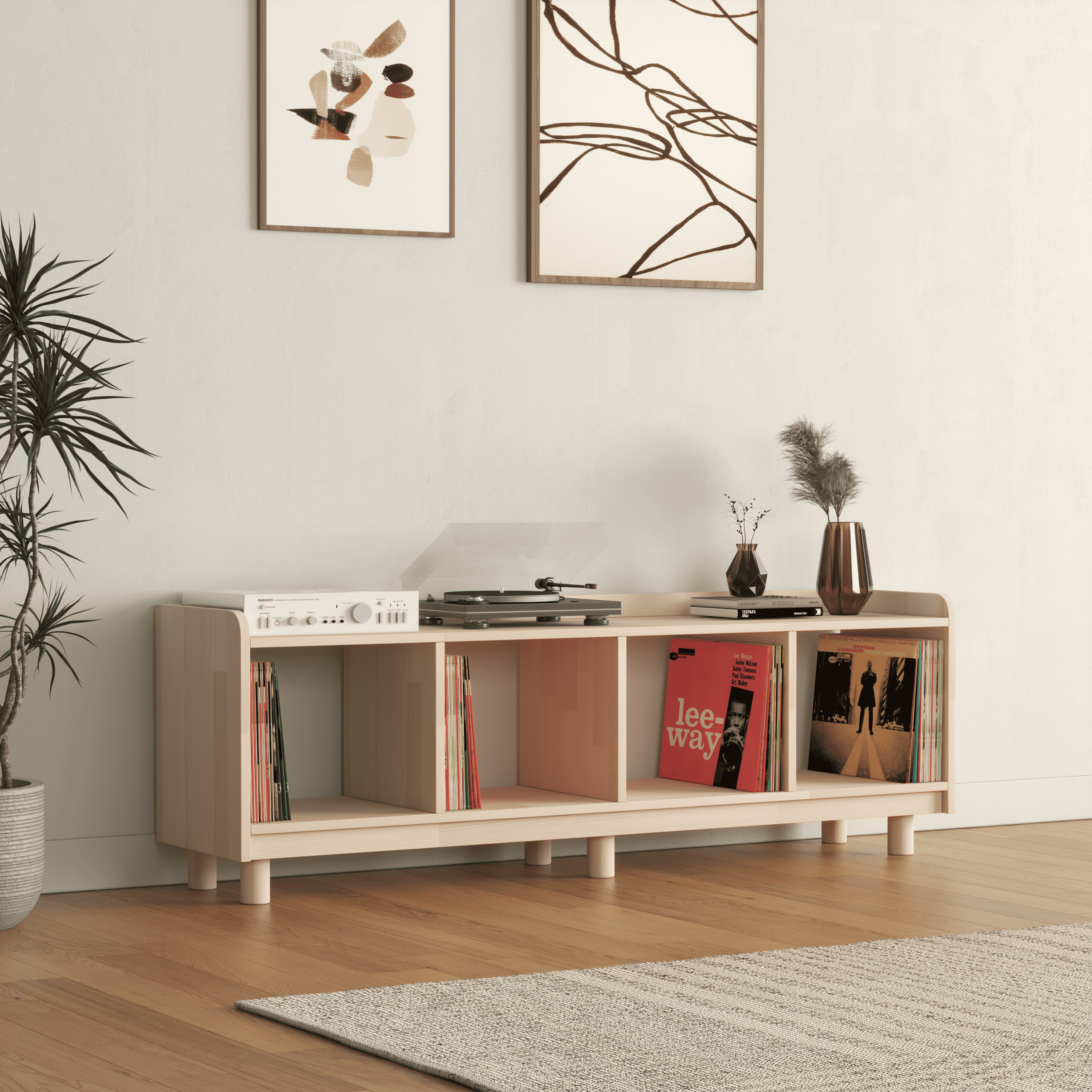 Horizontal Vinyl Record Storage Bench - 4 Compartment LP Console with Turntable Platform