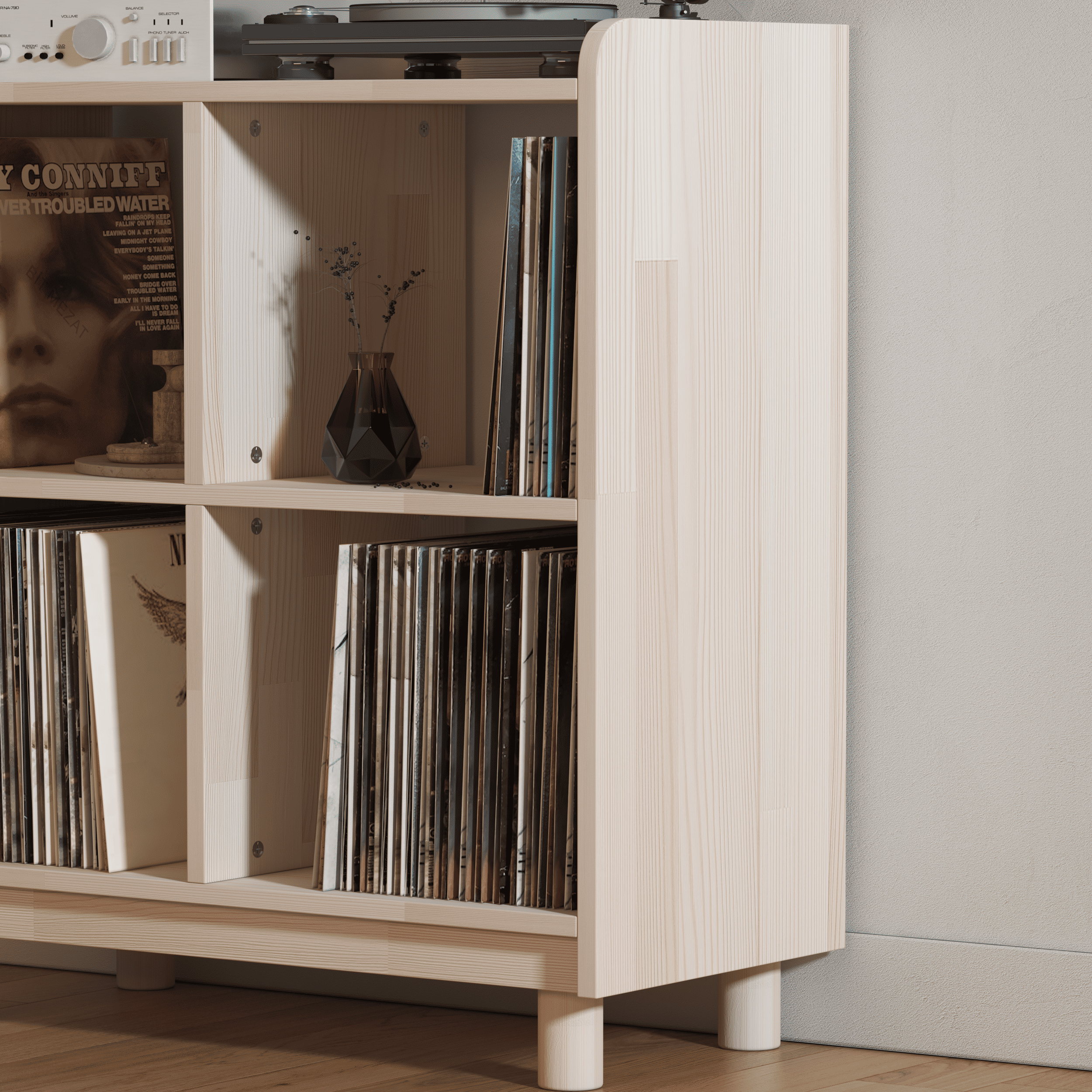 Compact Vinyl Record Storage Unit - 4 Compartment Wooden LP Organizer Cabinet