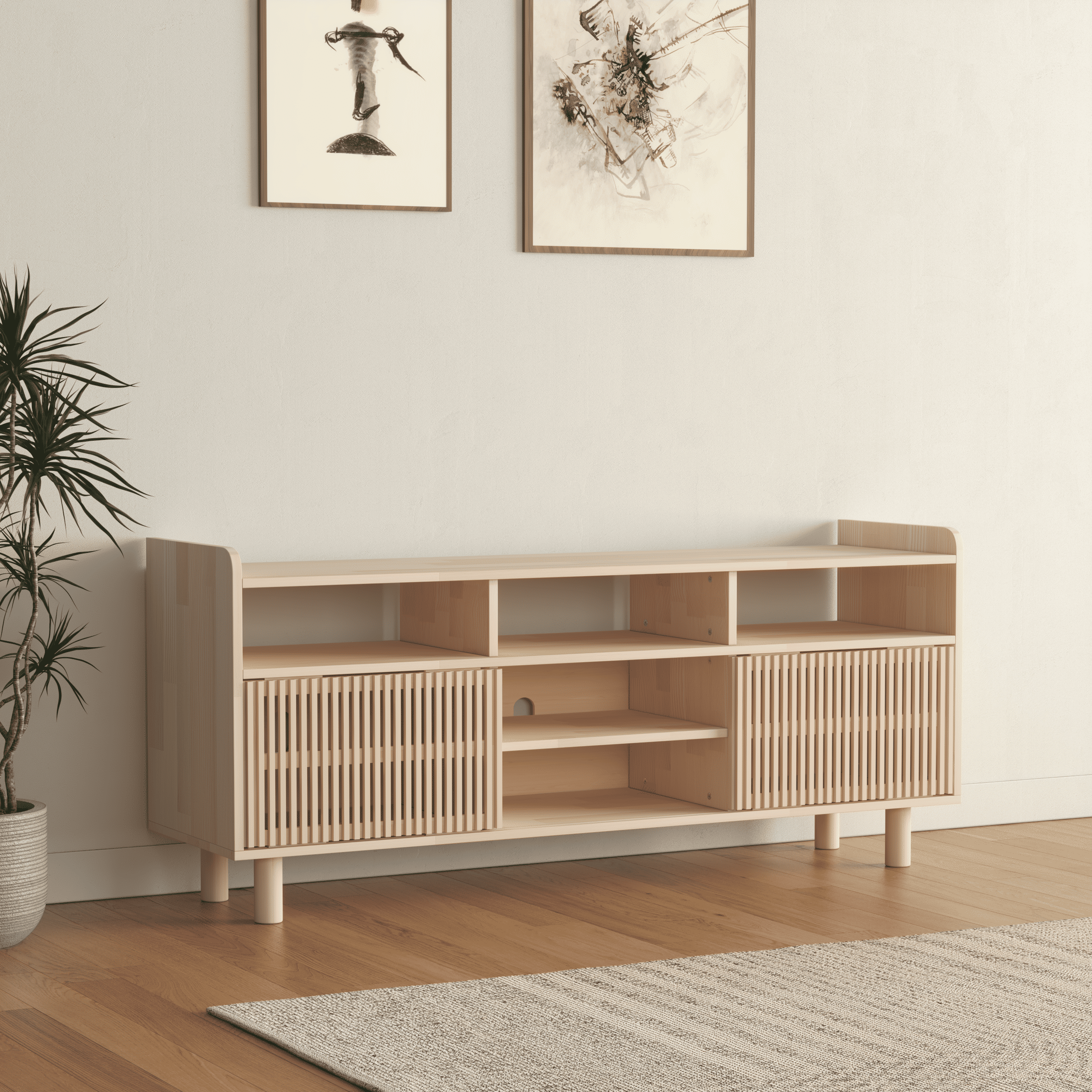 Large Wooden Entertainment Center with Fluted Doors - Premium Media Storage Cabinet