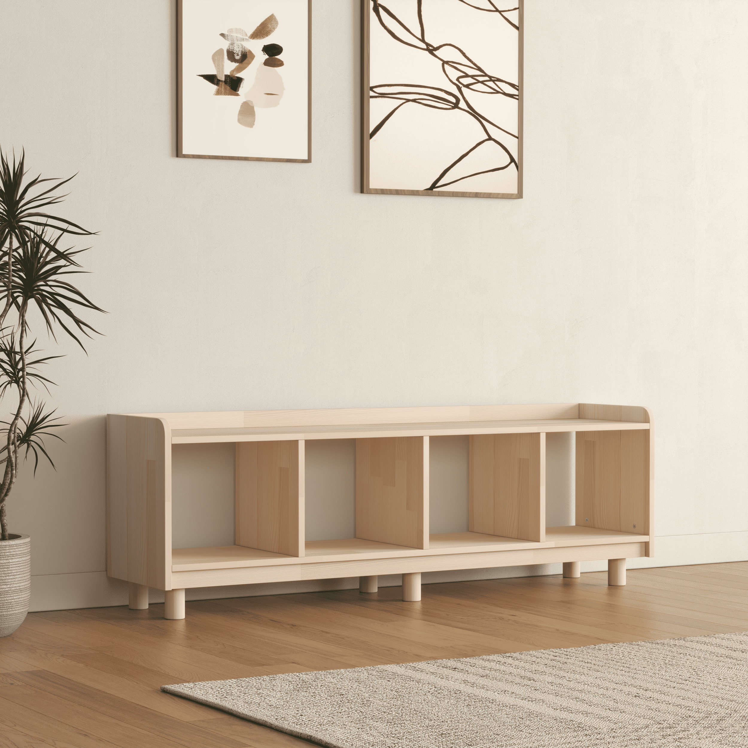 Horizontal Vinyl Record Storage Bench - 4 Compartment LP Console with Turntable Platform