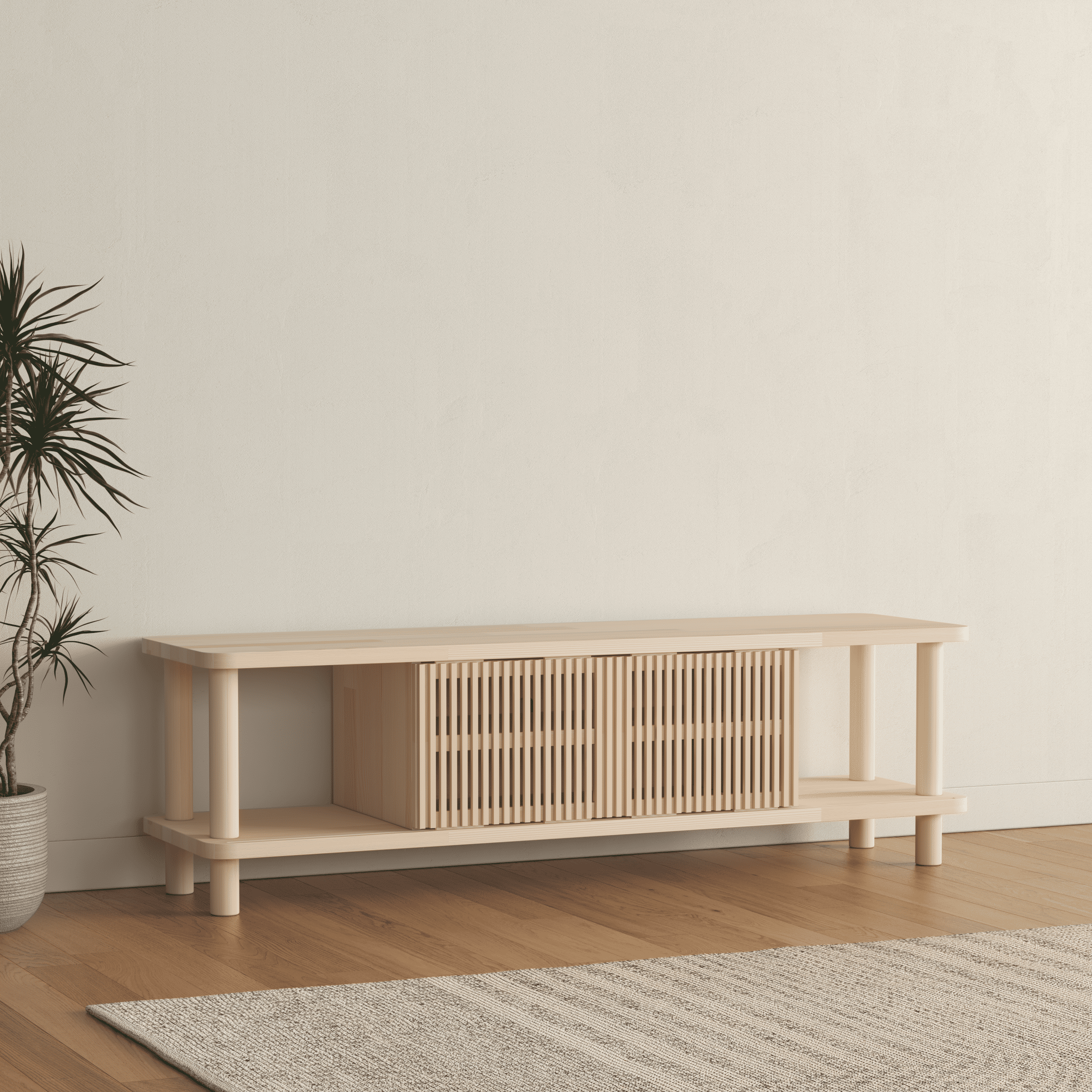 Modern TV Console with Fluted Sliding Door - Multi-Level Entertainment Center