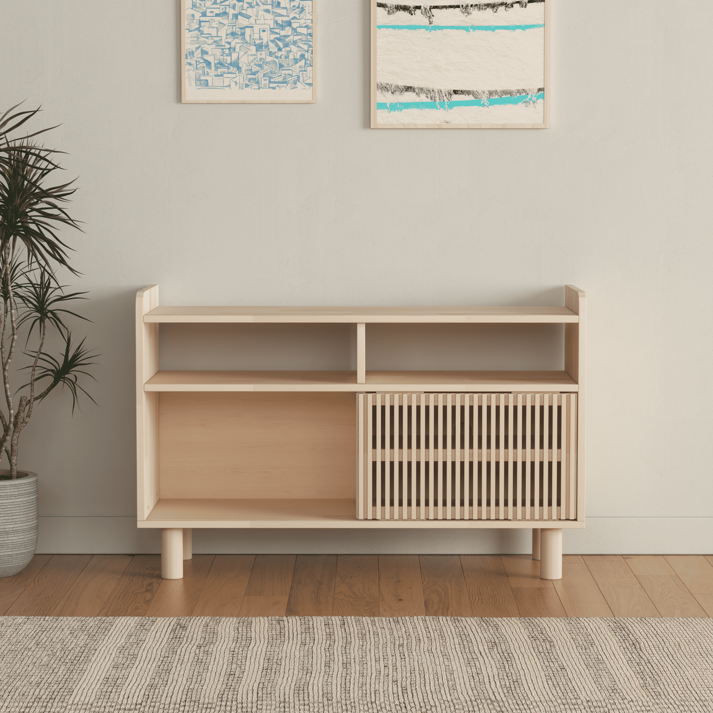 Compact Wooden Media Console with Vinyl Record Storage - Mid-Century Modern TV Stand