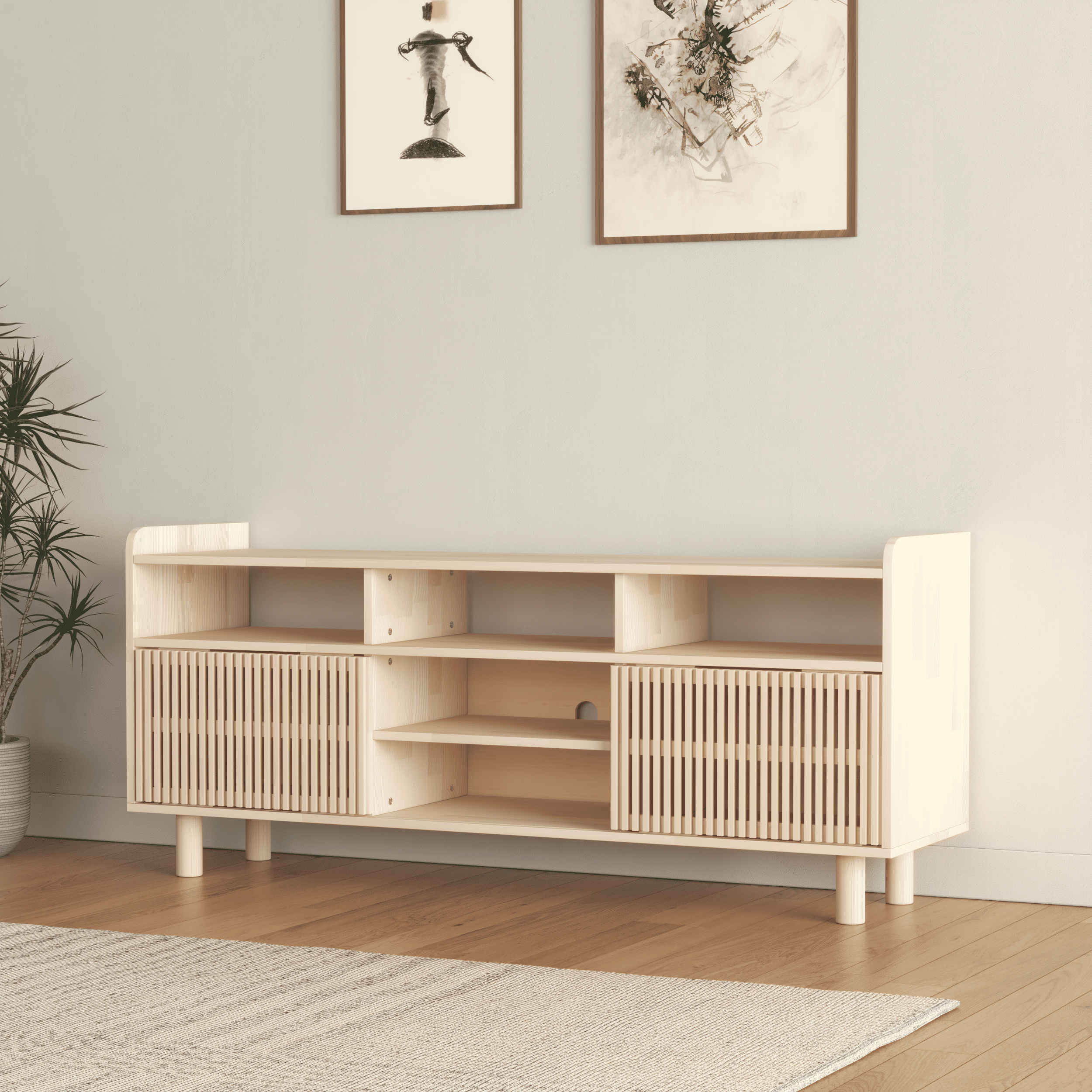 Large Wooden Entertainment Center with Fluted Doors - Premium Media Storage Cabinet