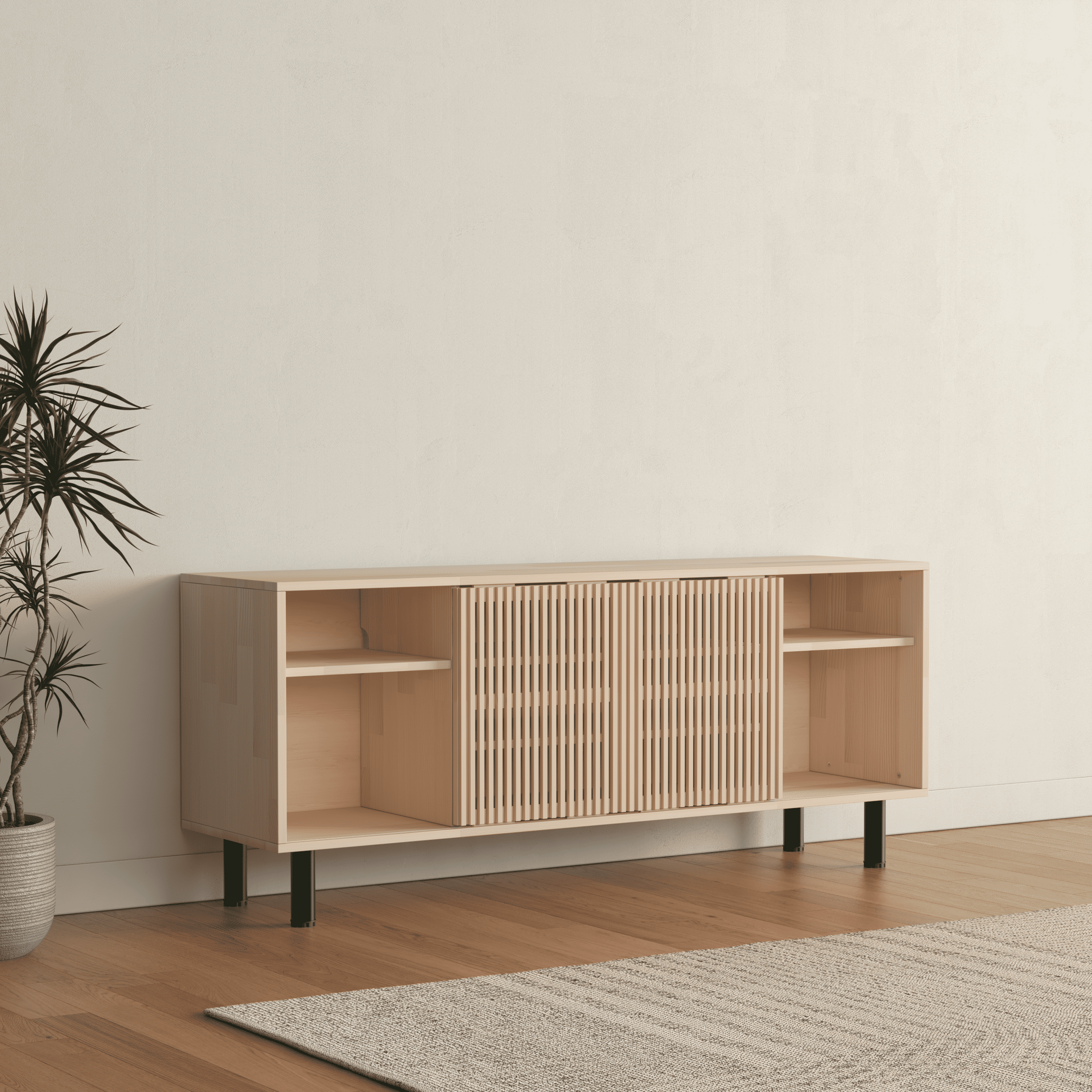 Modern Wooden Sideboard with Fluted Doors - Mid-Century Storage Cabinet