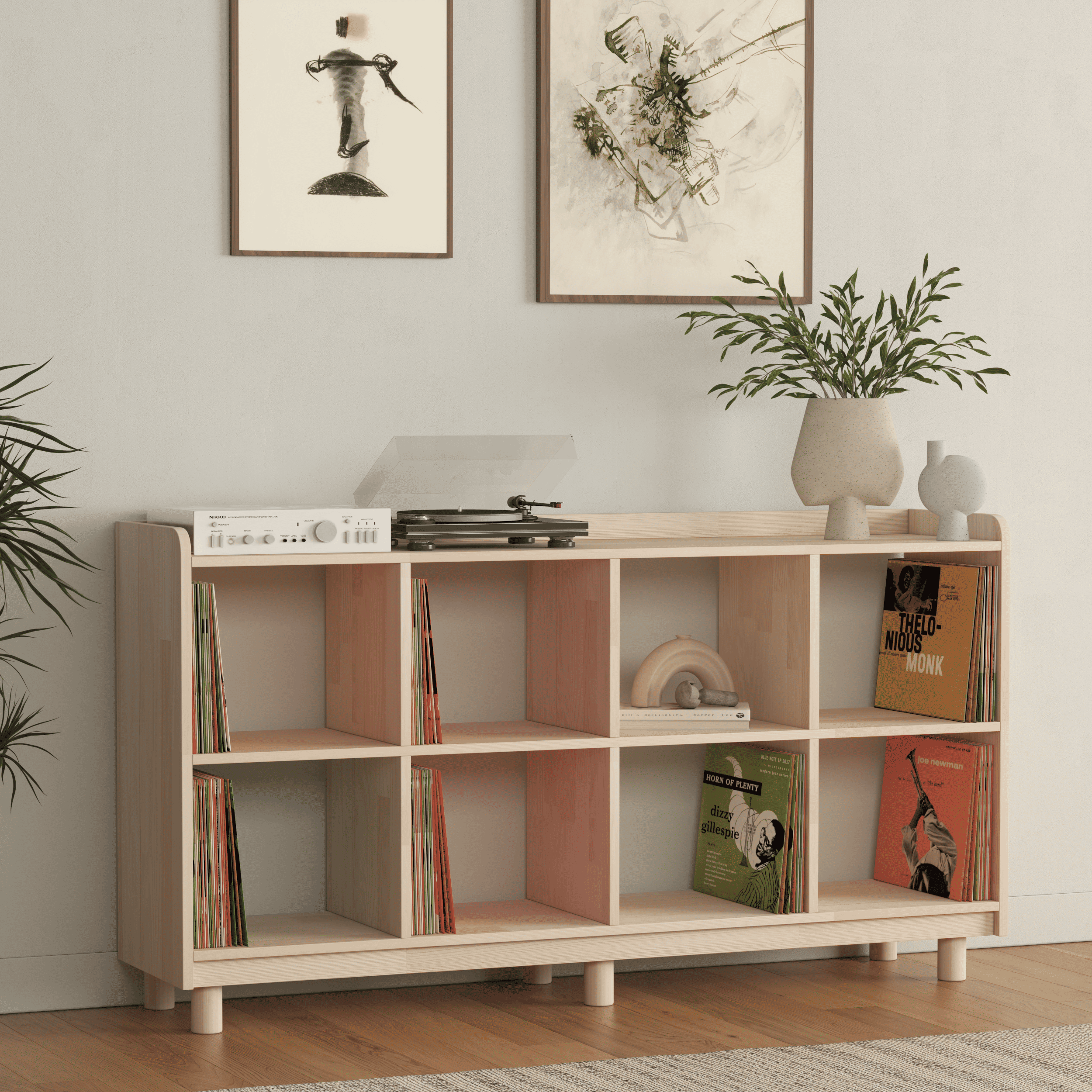 Large Vinyl Record Storage Unit - 8 Compartment Wooden LP Organizer Shelf