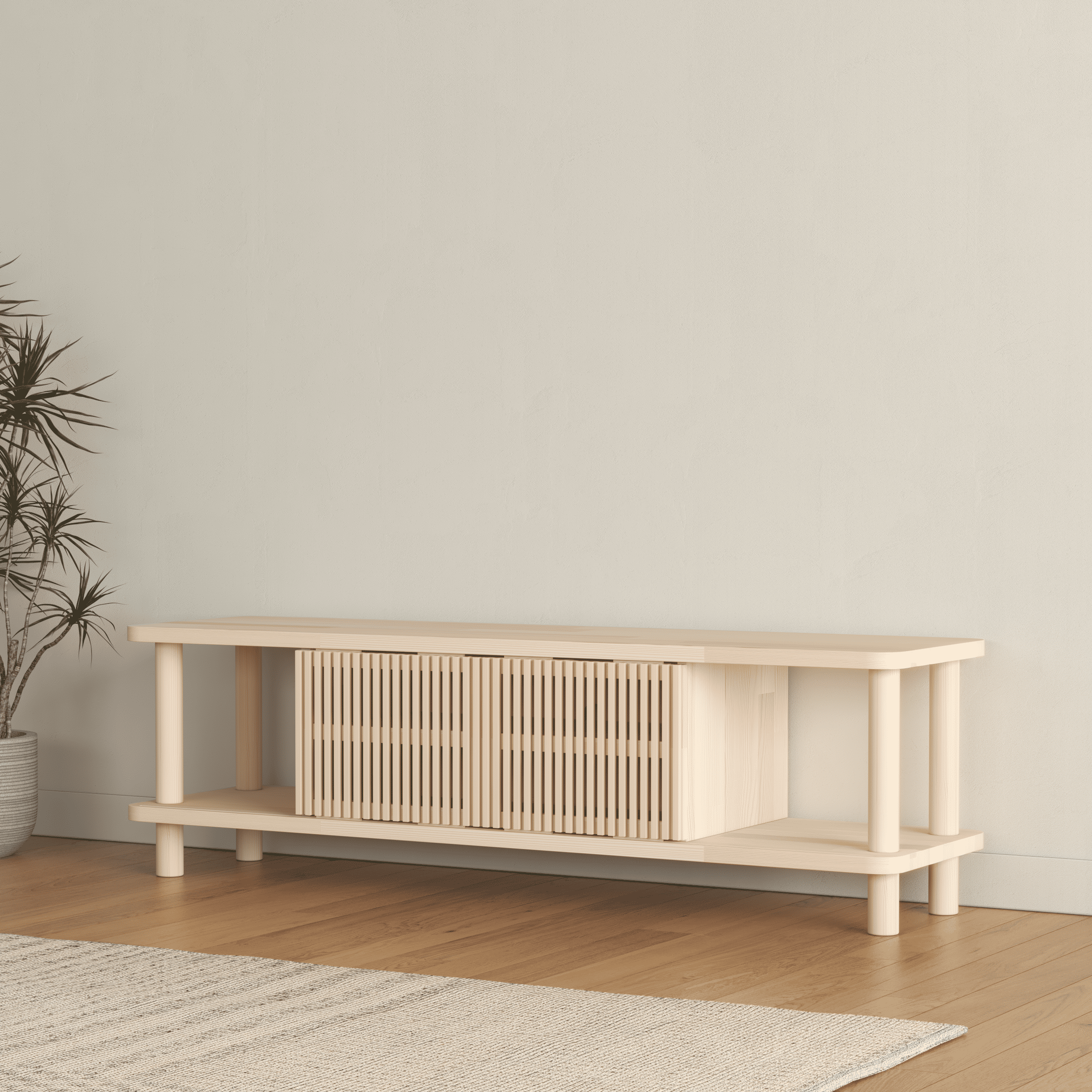 Modern TV Console with Fluted Sliding Door - Multi-Level Entertainment Center