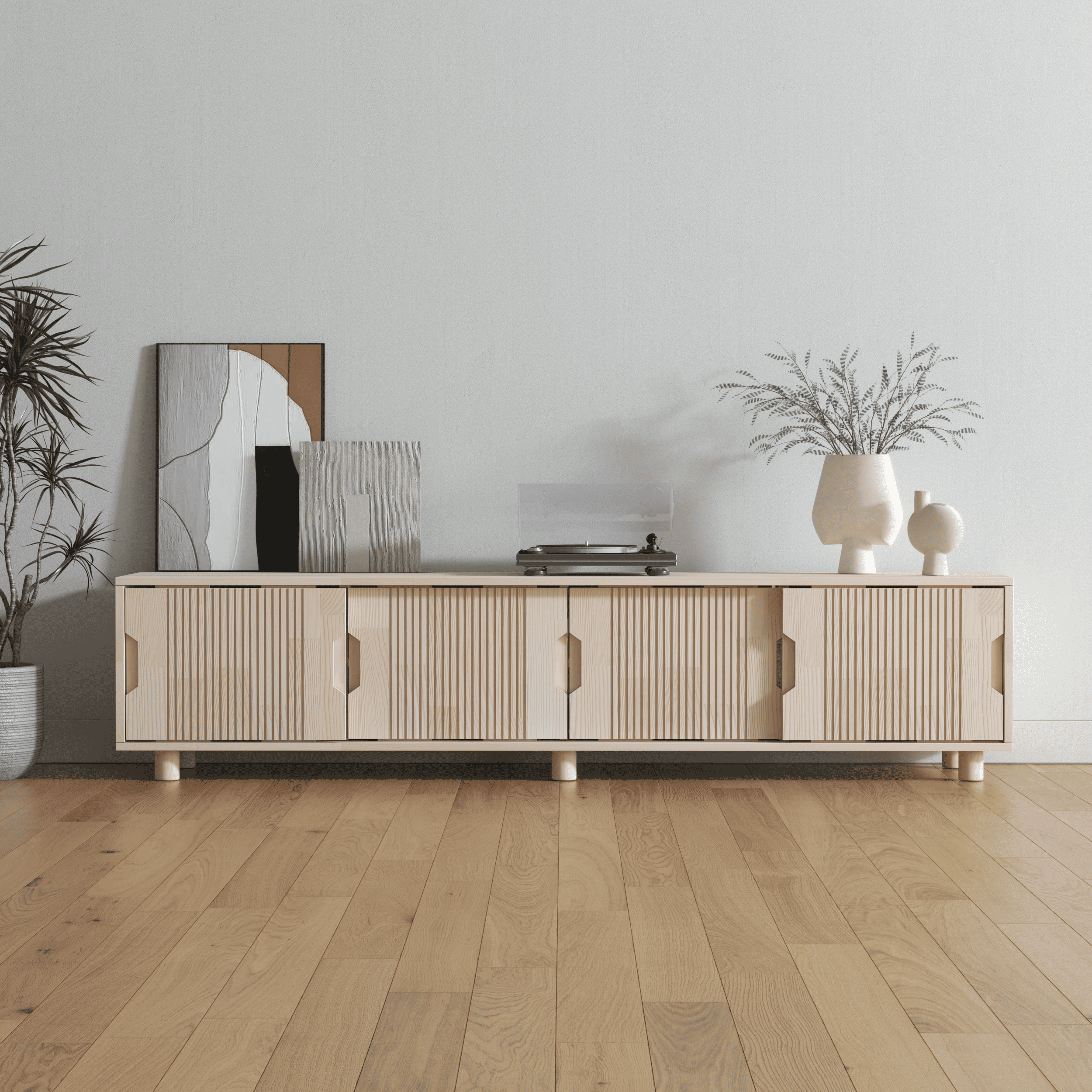 Premium Wooden Sideboard with Sliding Fluted Doors - Scandinavian Style Media Console