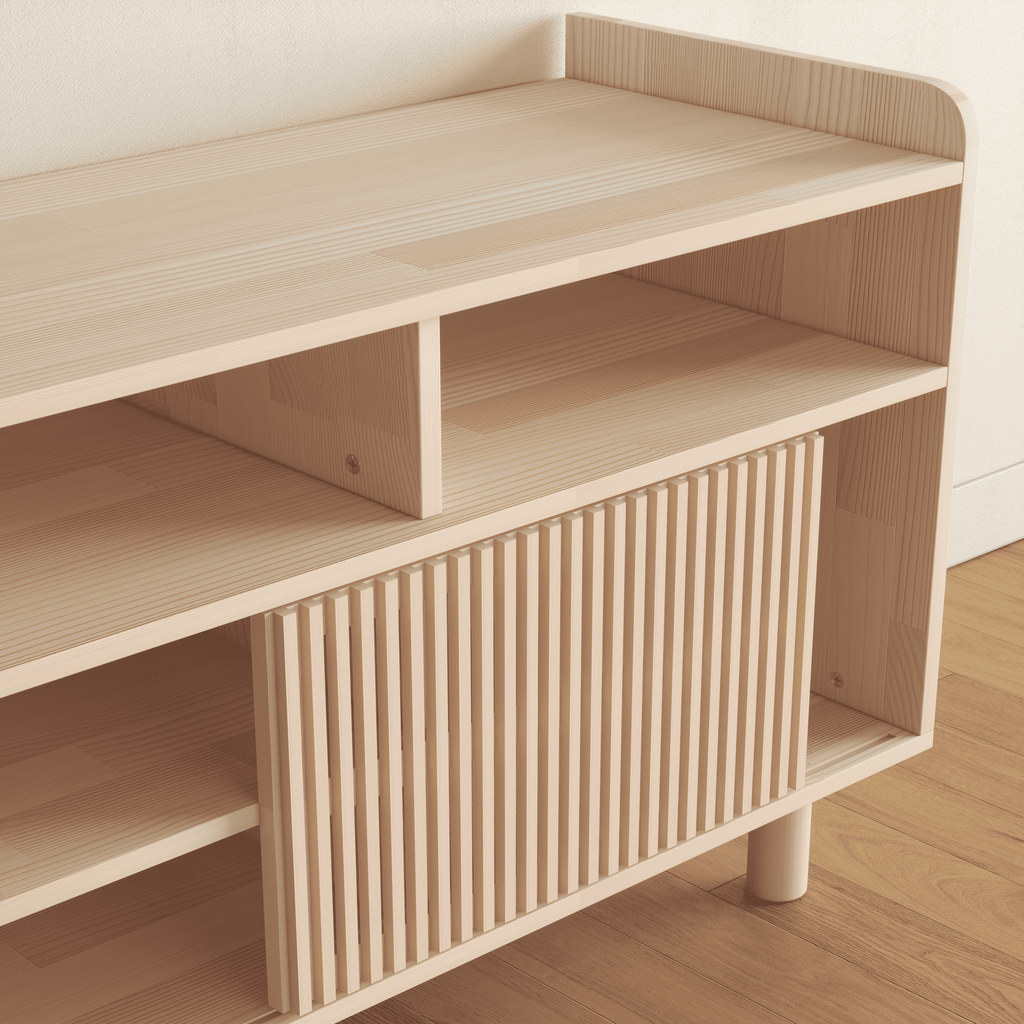 Large Wooden Entertainment Center with Fluted Doors - Premium Media Storage Cabinet