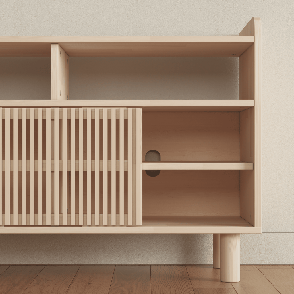 Compact Wooden Media Console with Vinyl Record Storage - Mid-Century Modern TV Stand
