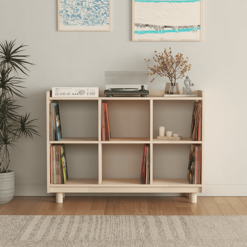 Medium Vinyl Record Storage Unit - 6 Compartment Wooden LP Organizer Console