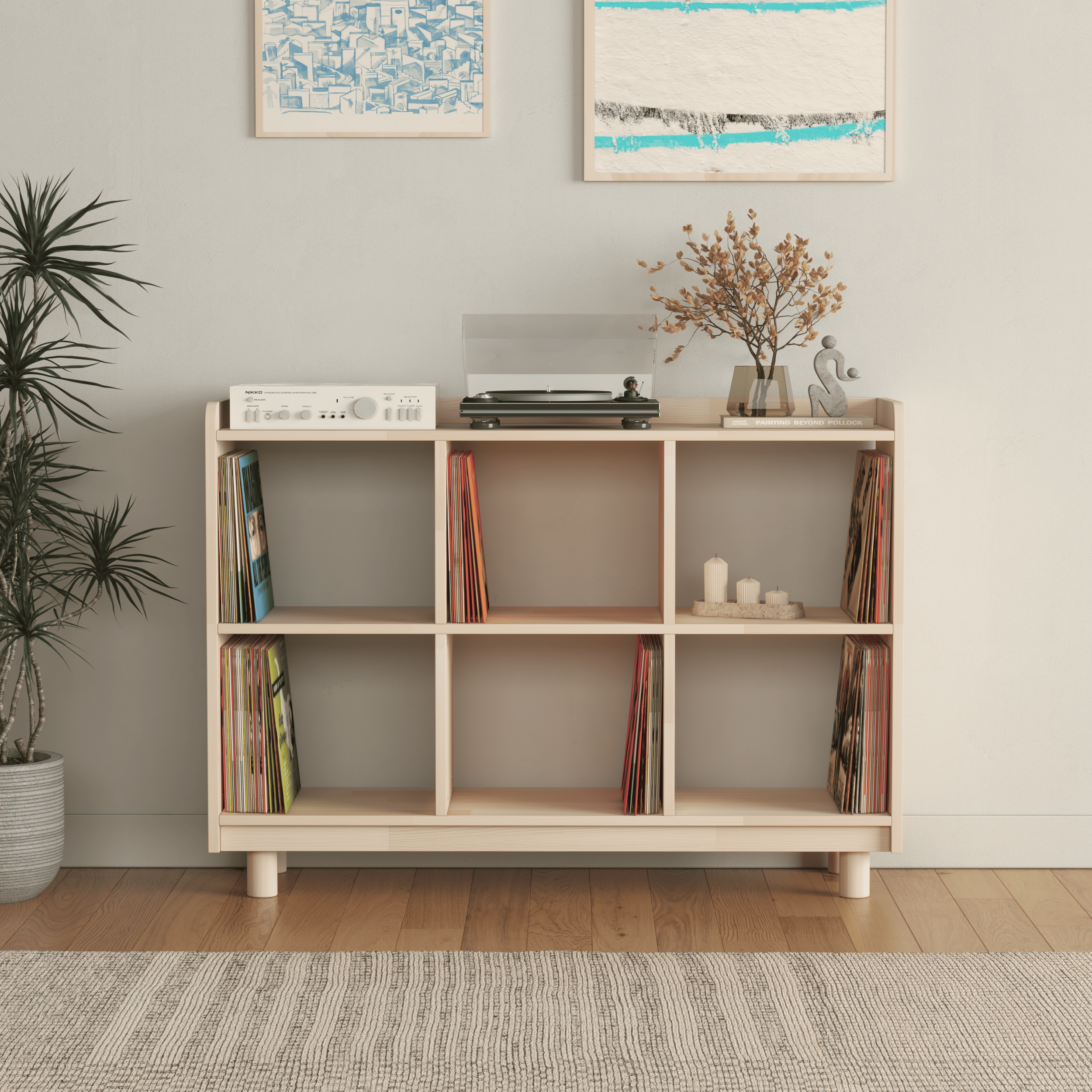 Medium Vinyl Record Storage Unit - 6 Compartment Wooden LP Organizer Console