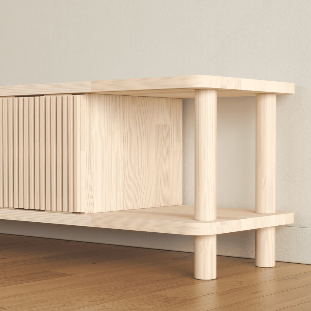 Modern TV Console with Fluted Sliding Door - Multi-Level Entertainment Center