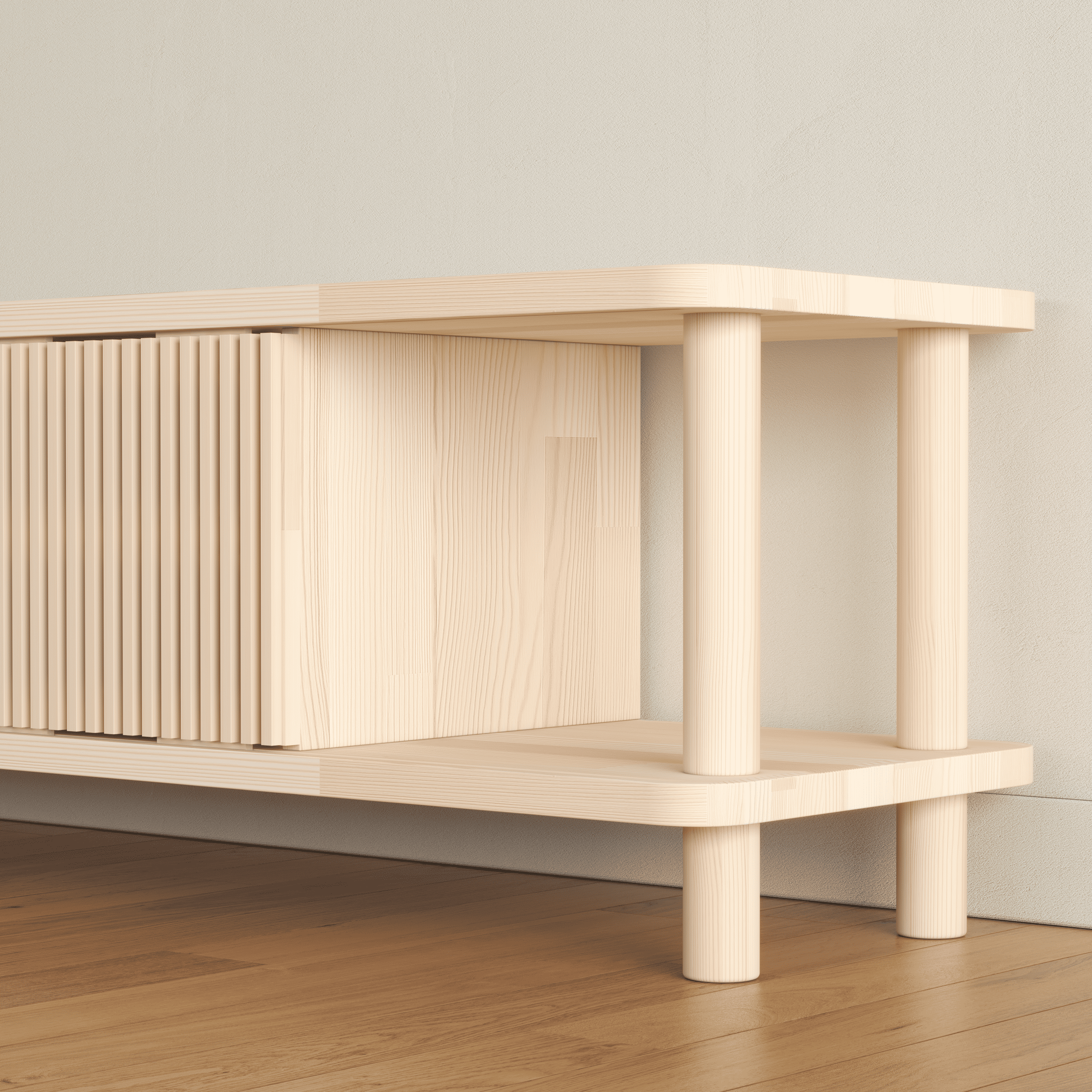 Modern TV Console with Fluted Sliding Door - Multi-Level Entertainment Center