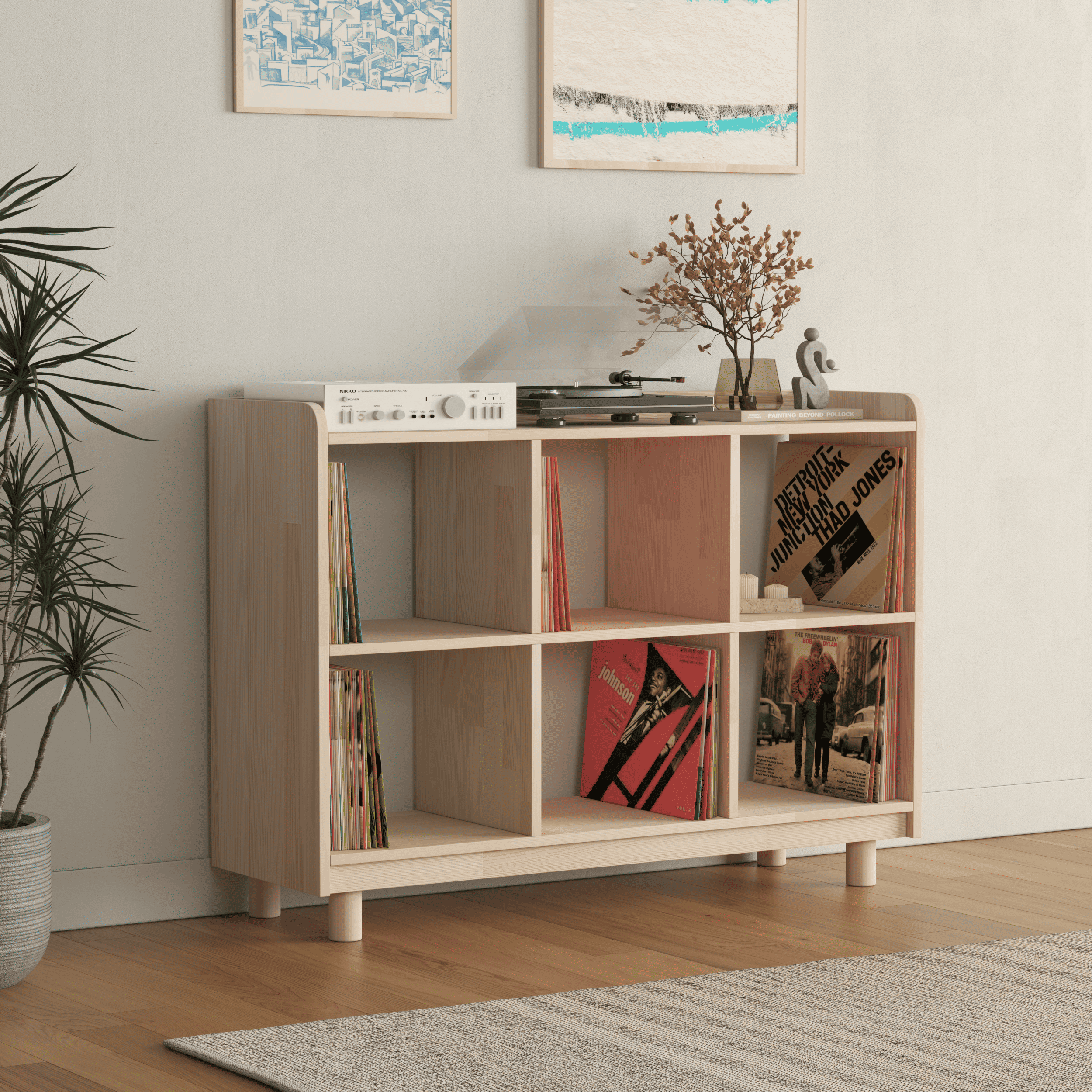 Medium Vinyl Record Storage Unit - 6 Compartment Wooden LP Organizer Console