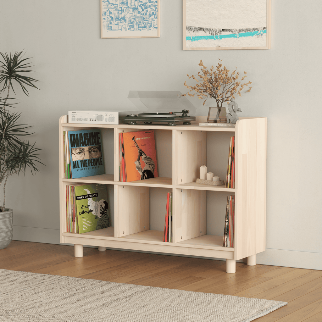 Medium Vinyl Record Storage Unit - 6 Compartment Wooden LP Organizer Console