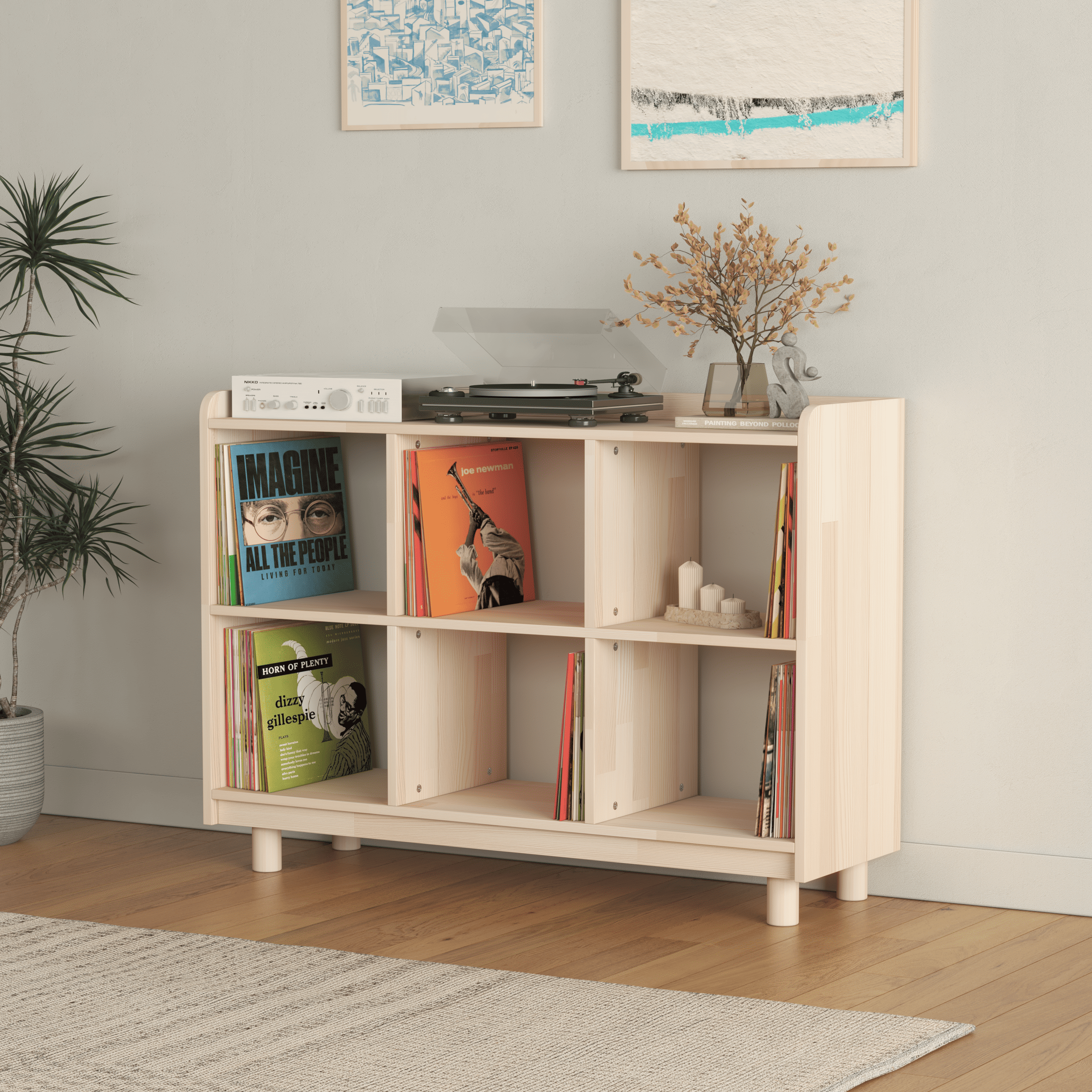 Medium Vinyl Record Storage Unit - 6 Compartment Wooden LP Organizer Console