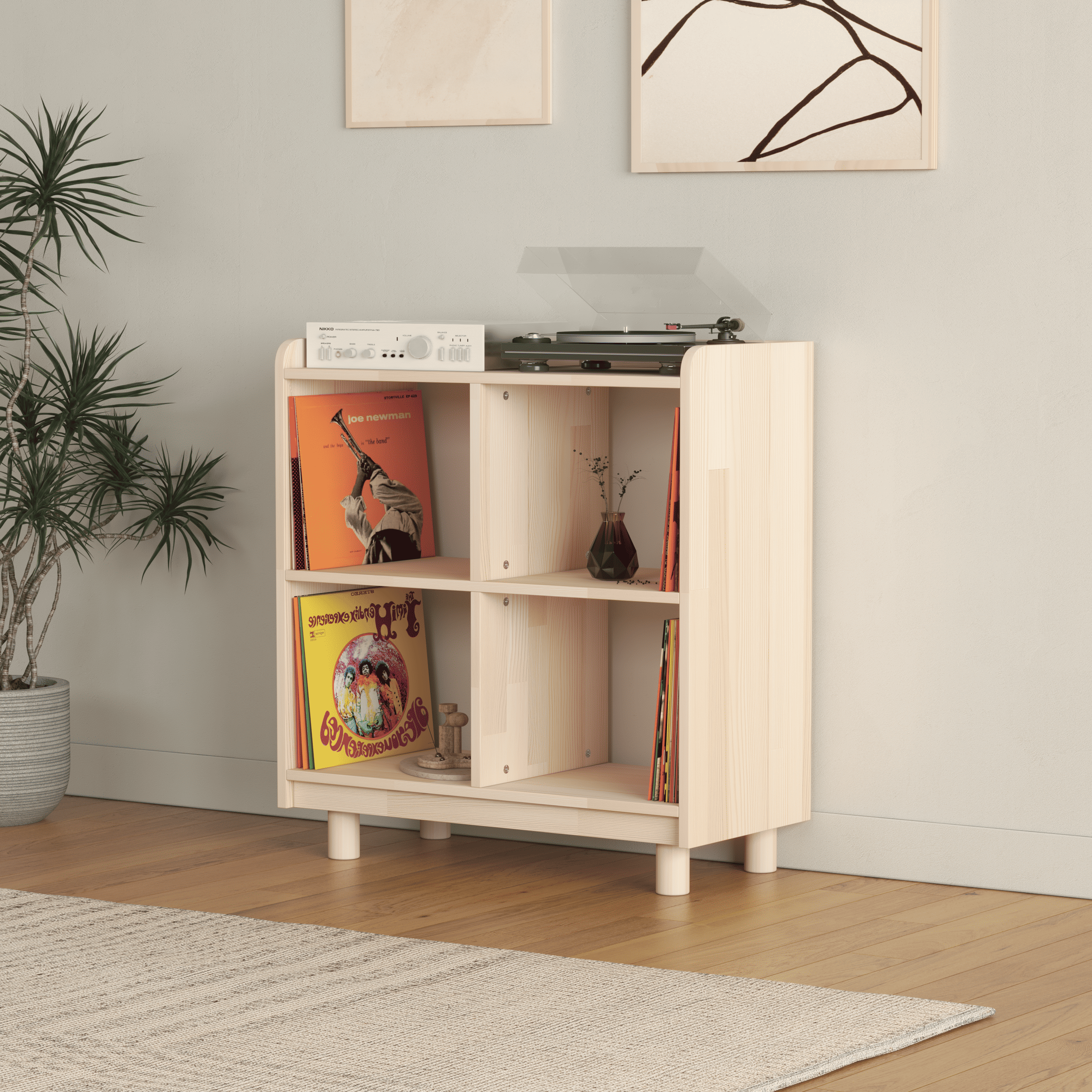 Compact Vinyl Record Storage Unit - 4 Compartment Wooden LP Organizer Cabinet