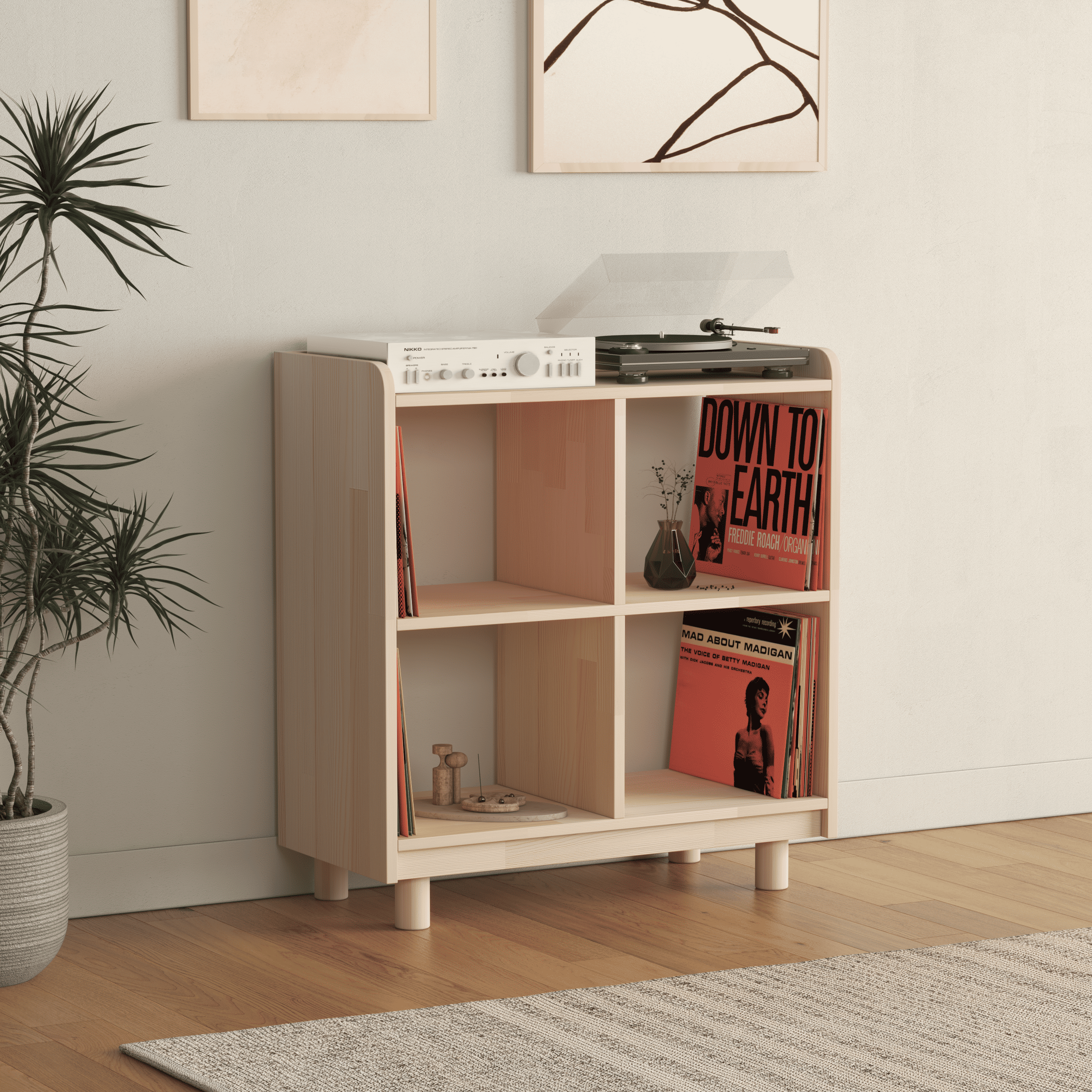 Compact Vinyl Record Storage Unit - 4 Compartment Wooden LP Organizer Cabinet