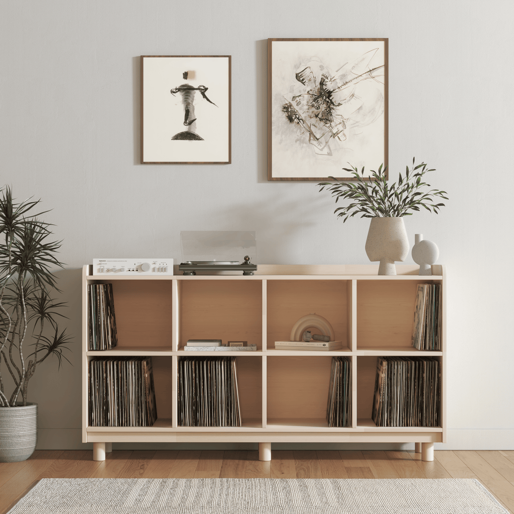 Large Vinyl Record Storage Unit - 8 Compartment Wooden LP Organizer Shelf