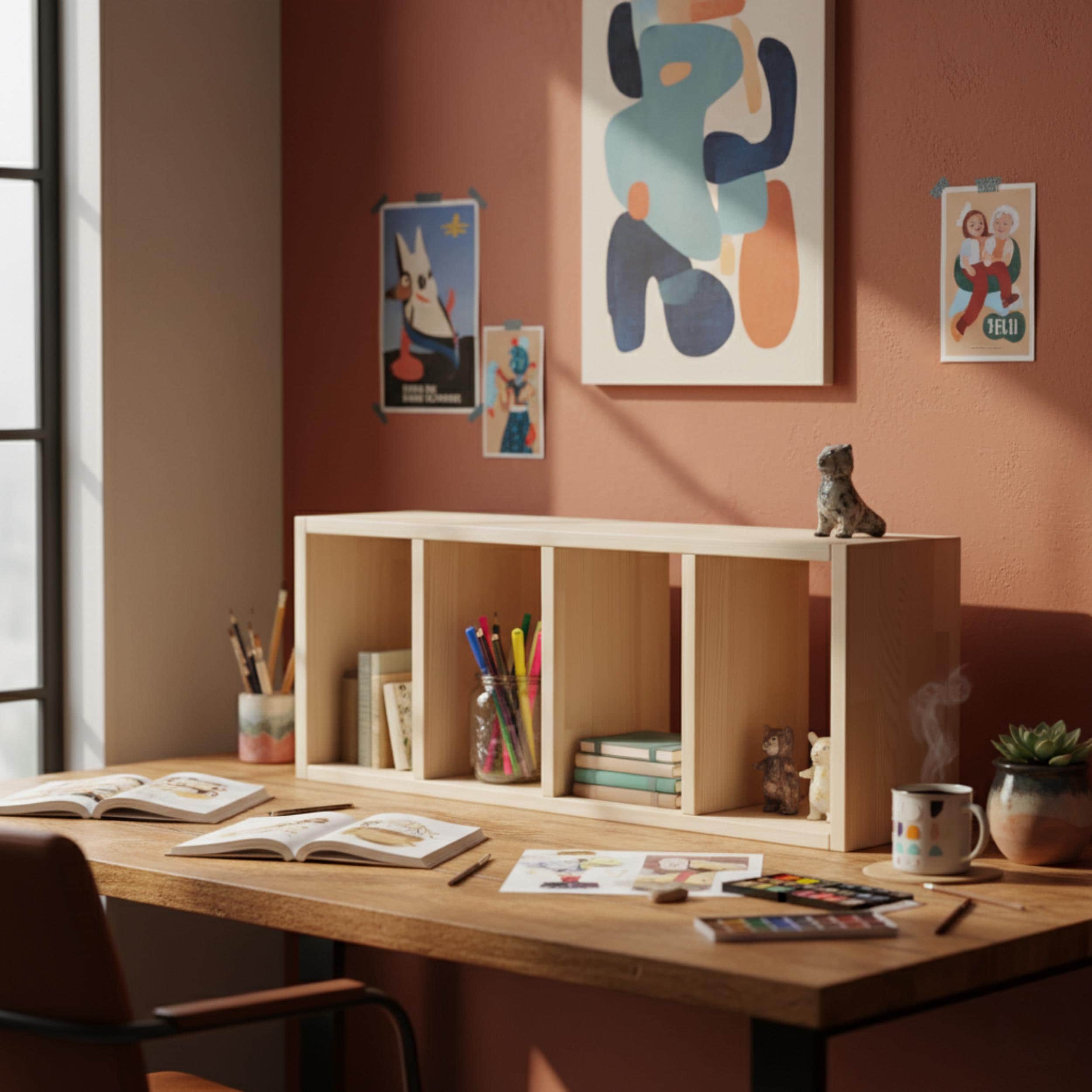 Solid Pine Wood Desk Shelf | Minimalist Bookshelf | Eco-Friendly Workspace Organizer | Japandi Desk Storage