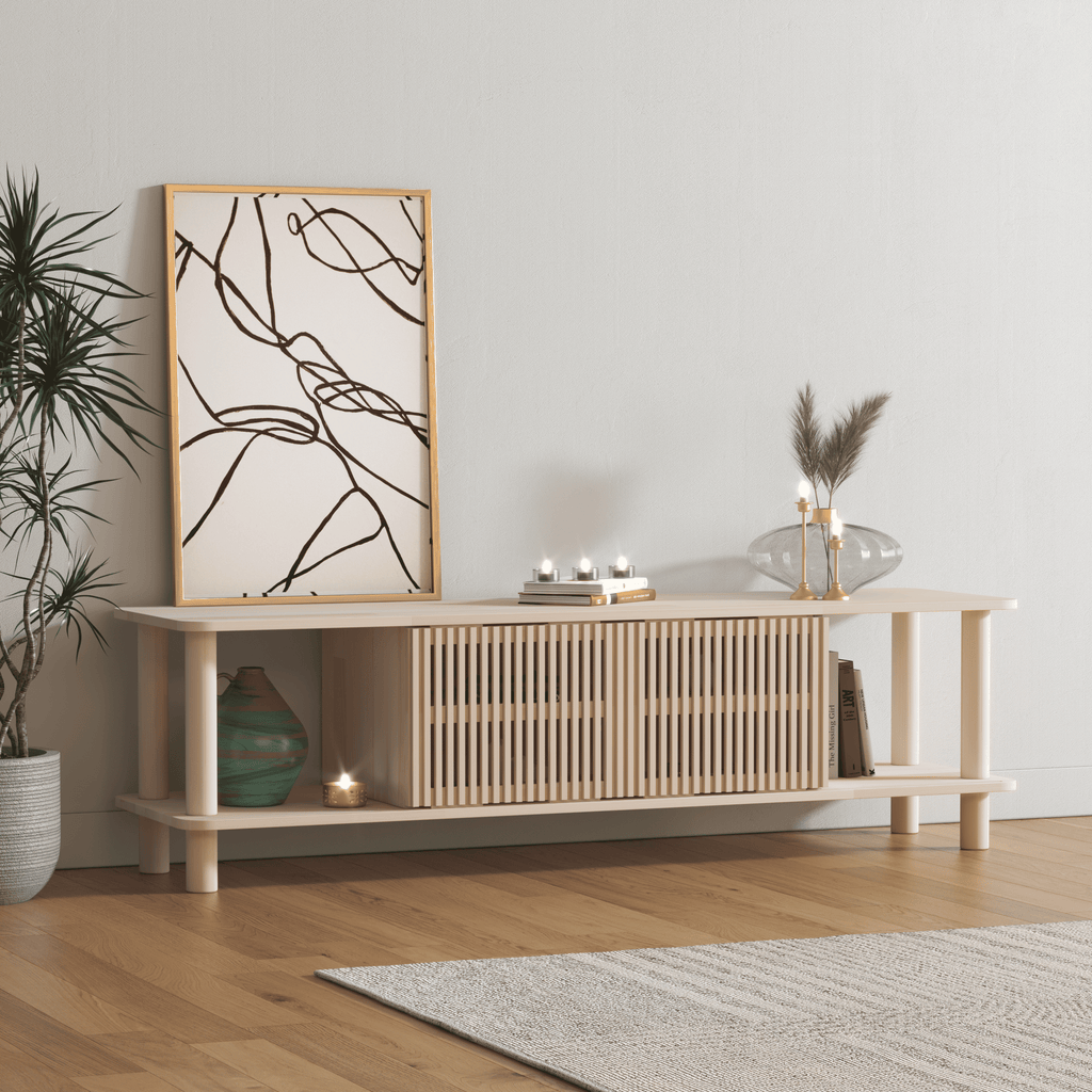 Modern TV Console with Fluted Sliding Door - Multi-Level Entertainment Center