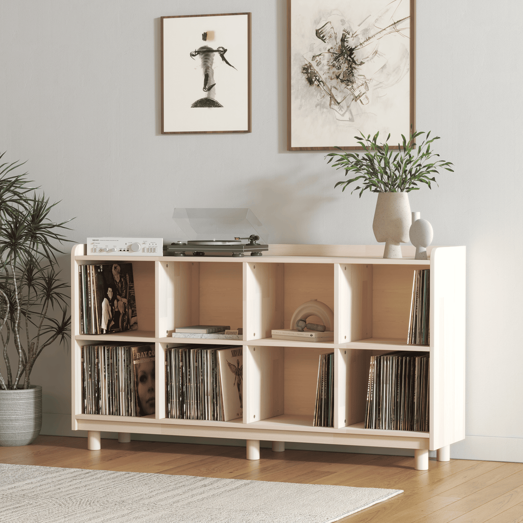 Large Vinyl Record Storage Unit - 8 Compartment Wooden LP Organizer Shelf