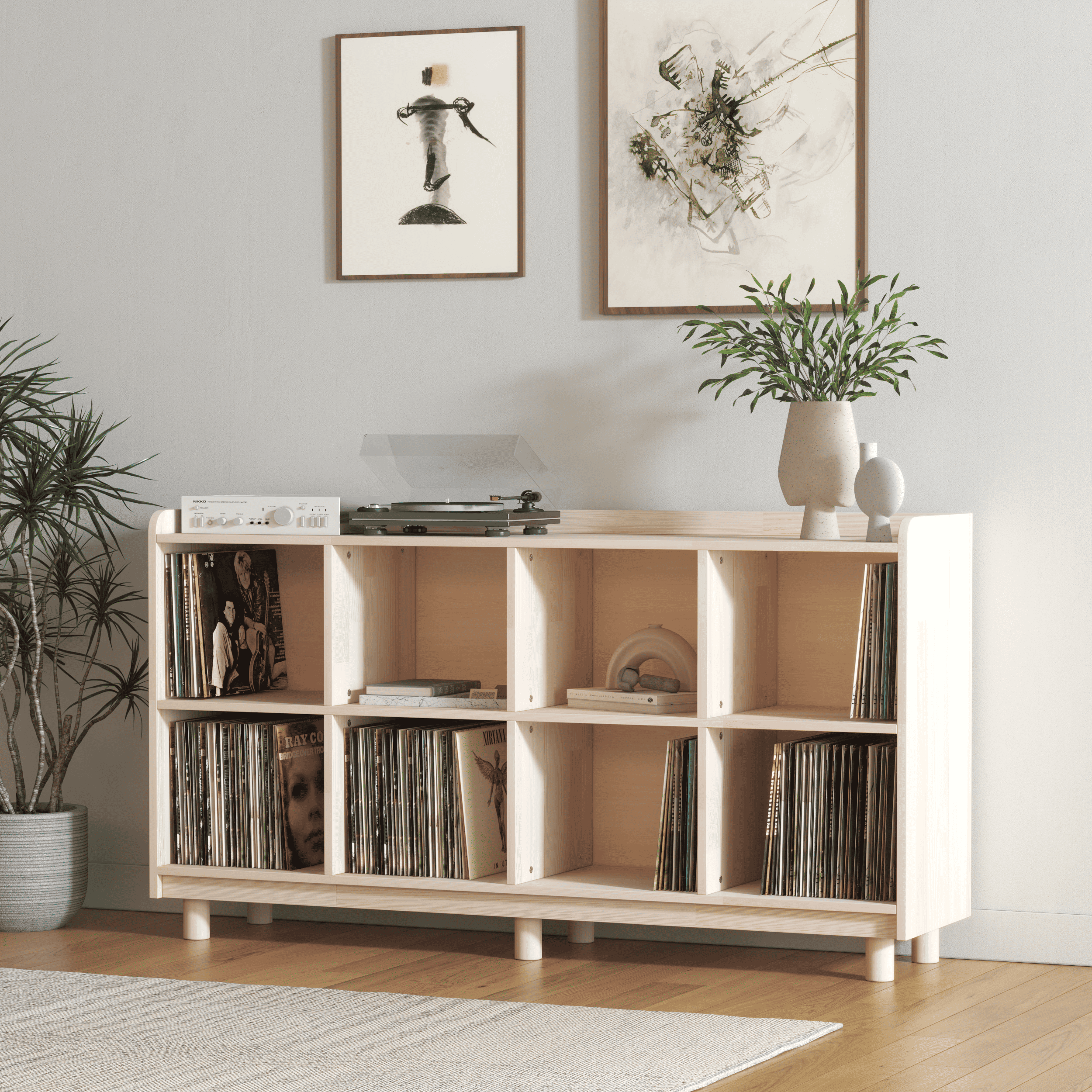 Large Vinyl Record Storage Unit - 8 Compartment Wooden LP Organizer Shelf