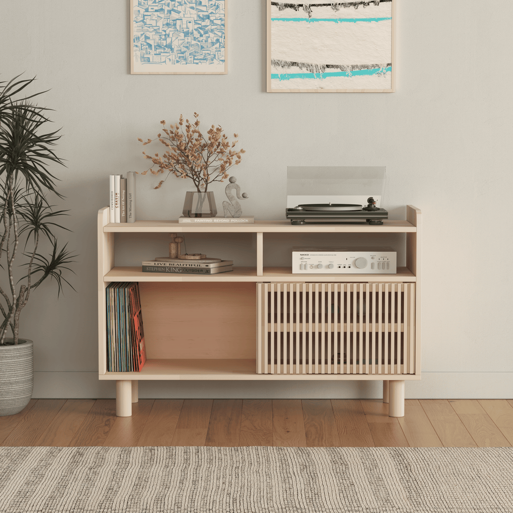 Compact Wooden Media Console with Vinyl Record Storage - Mid-Century Modern TV Stand