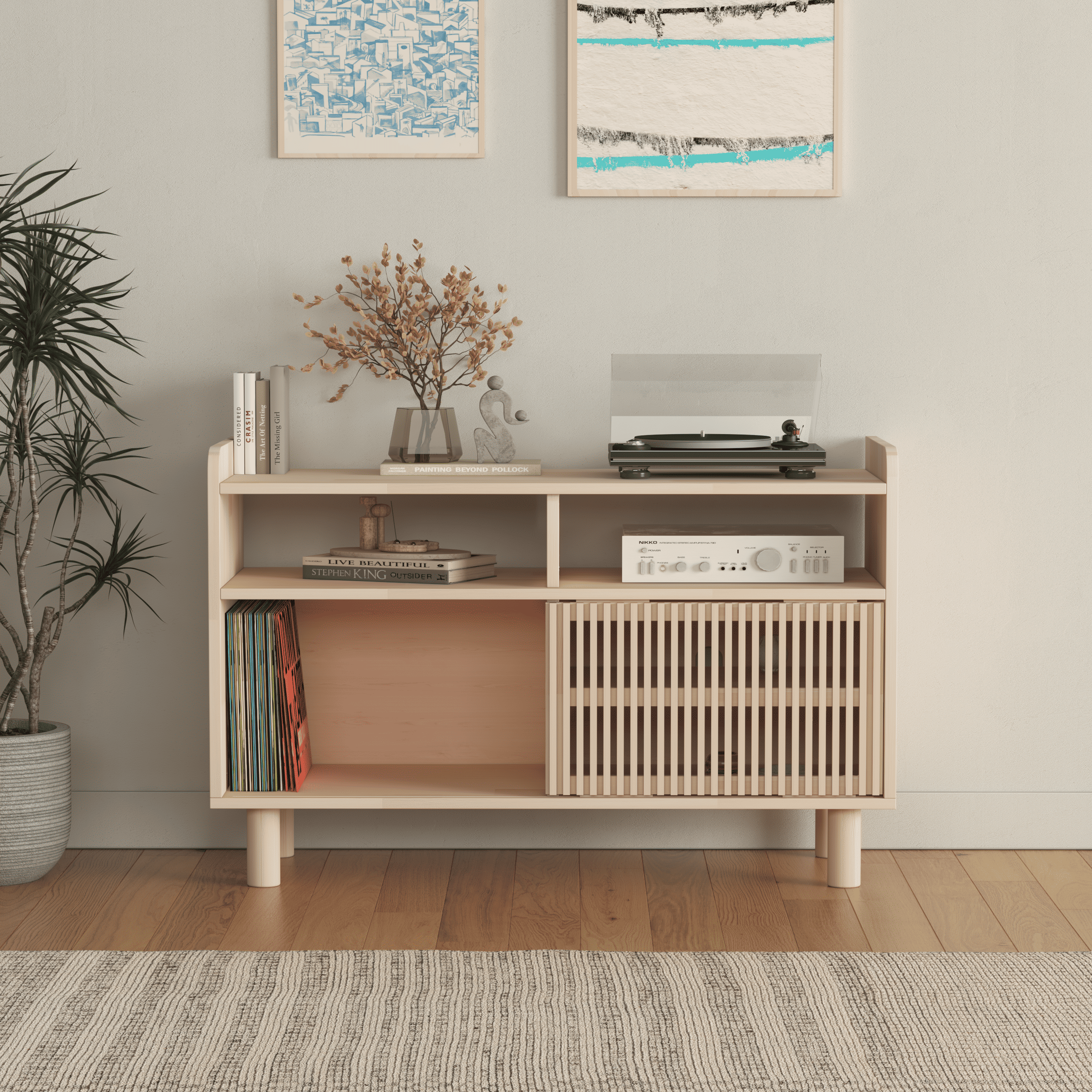 Compact Wooden Media Console with Vinyl Record Storage - Mid-Century Modern TV Stand