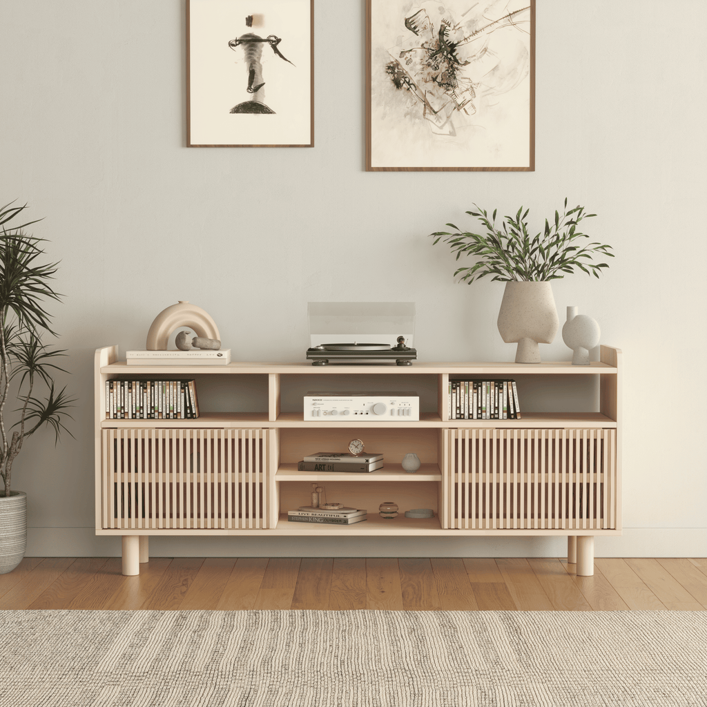 Large Wooden Entertainment Center with Fluted Doors - Premium Media Storage Cabinet