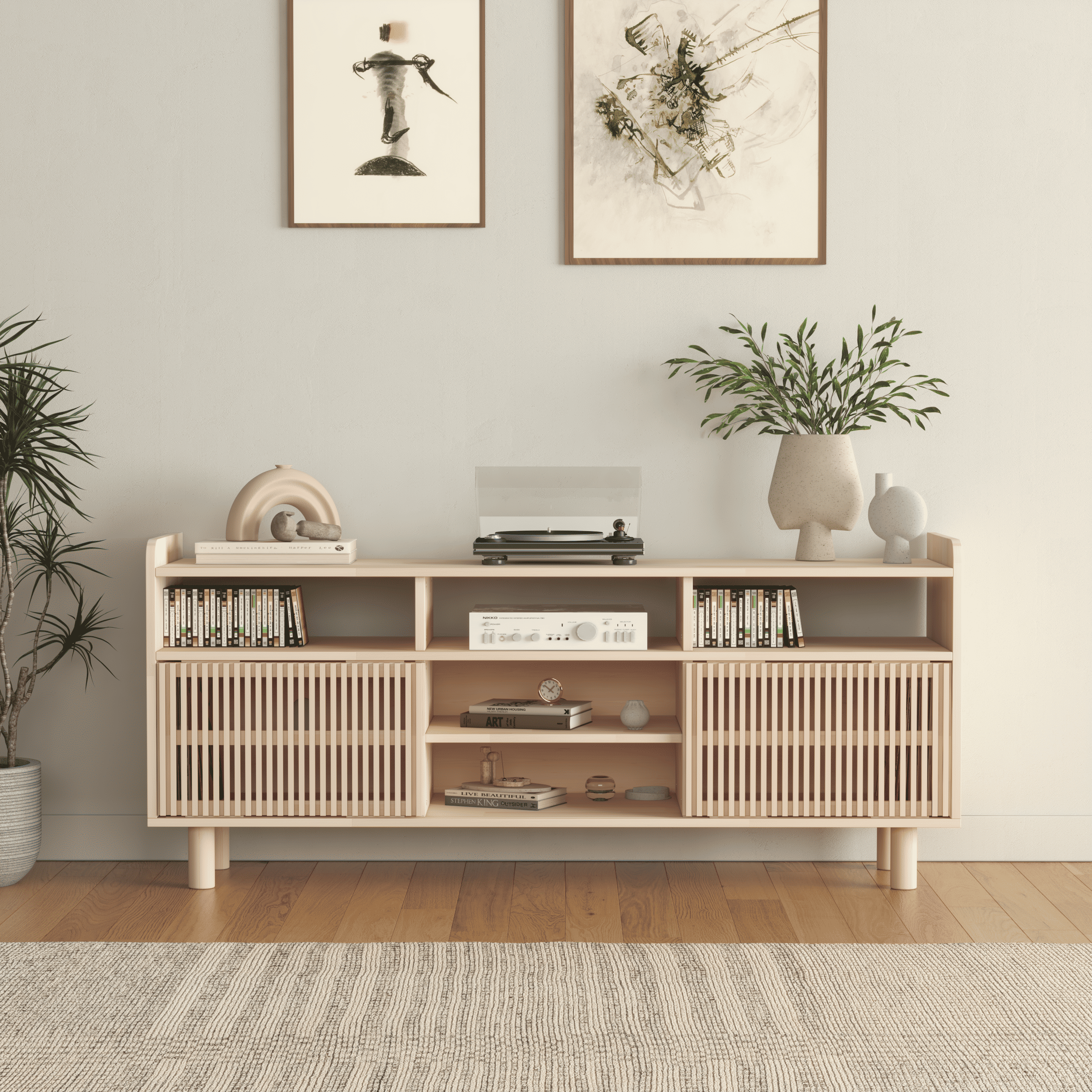 Large Wooden Entertainment Center with Fluted Doors - Premium Media Storage Cabinet