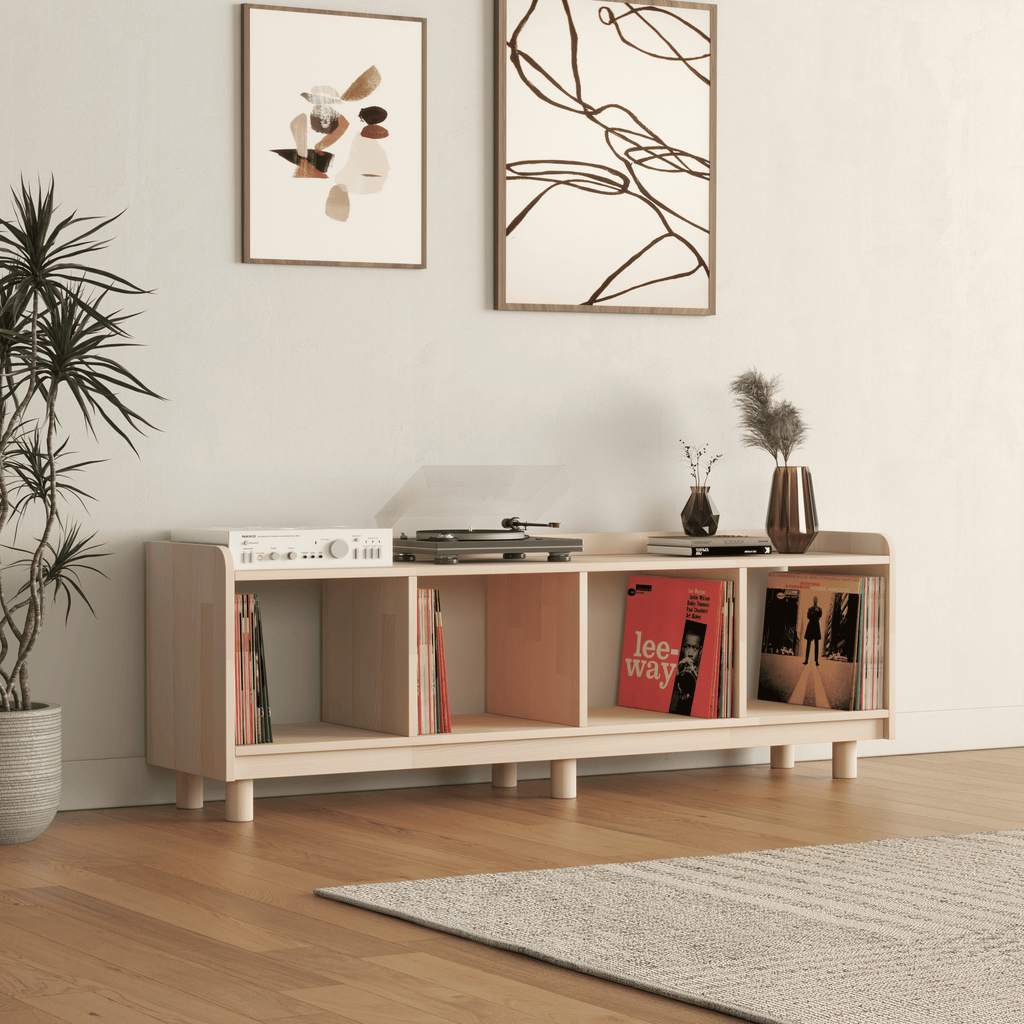 Horizontal Vinyl Record Storage Bench - 4 Compartment LP Console with Turntable Platform