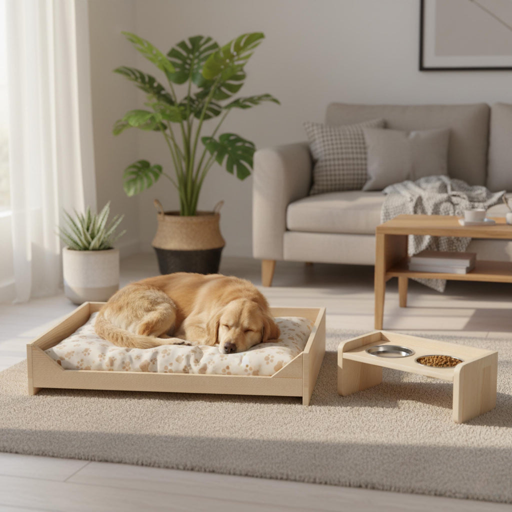 Handmade Pine Dog Bed & Feeder Set for Small Pets