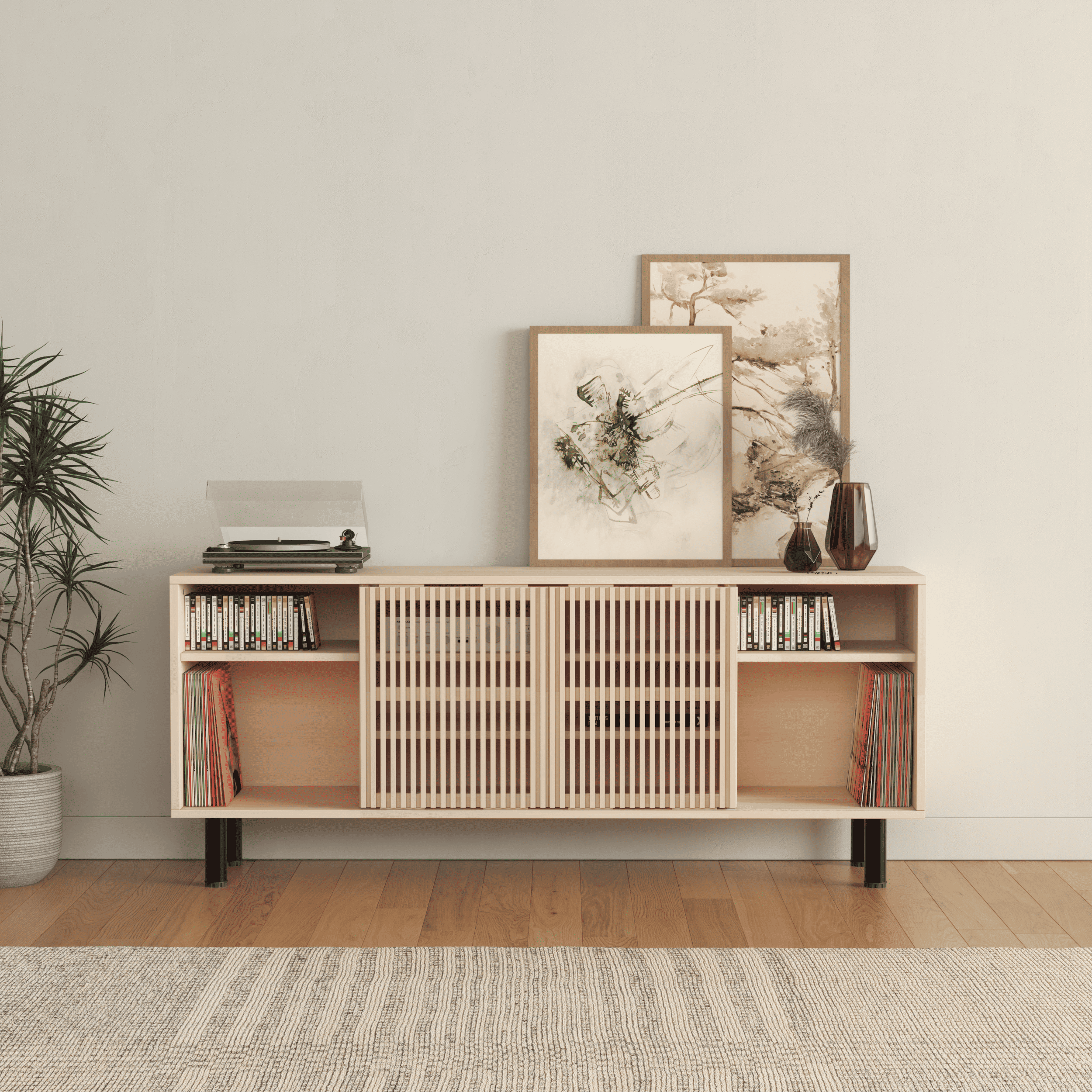 Modern Wooden Sideboard with Fluted Doors - Mid-Century Storage Cabinet